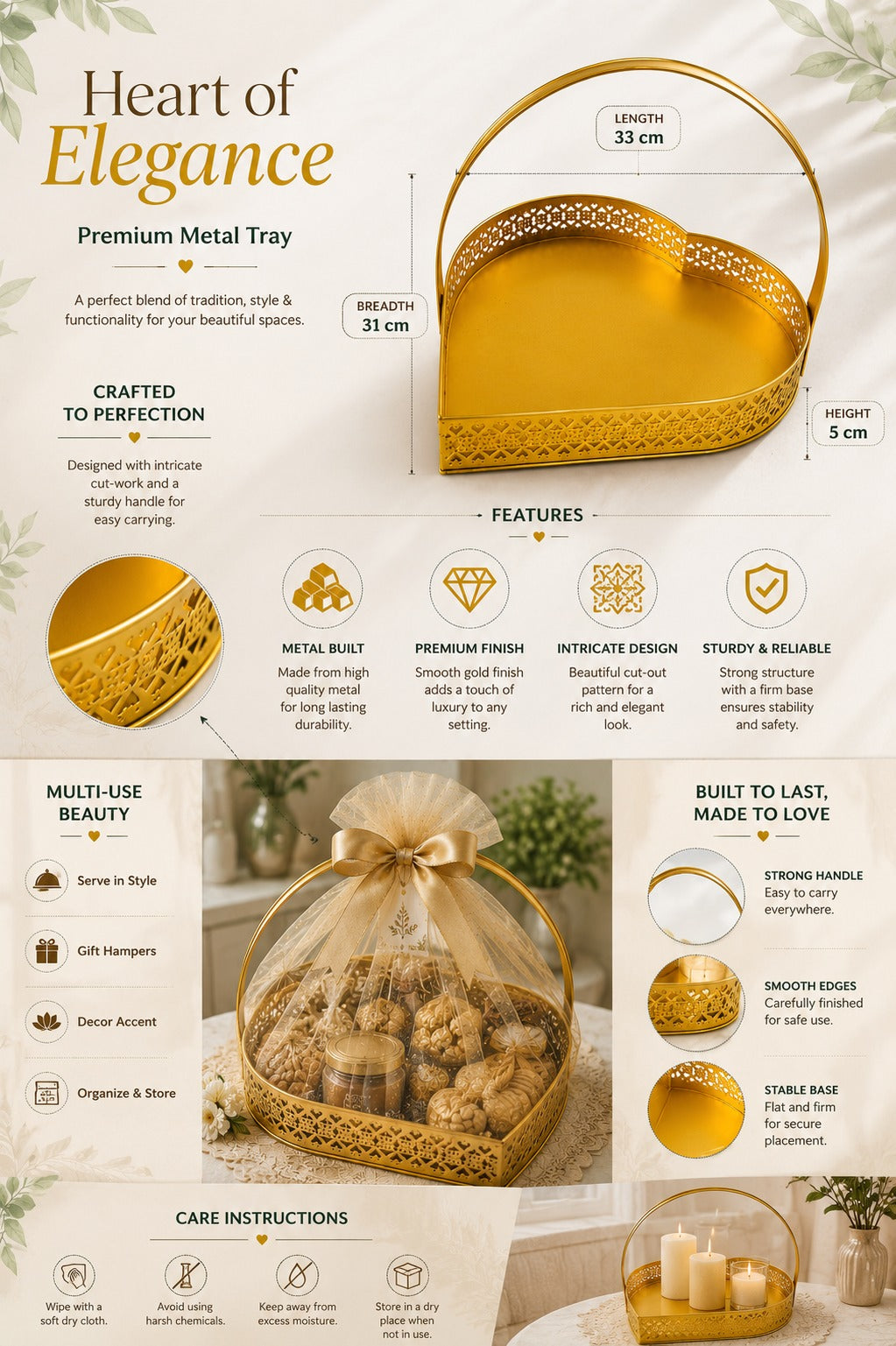 Premium Large Heart-Shaped Metal Gift Hamper Basket with Handle | Decorative Gold Serving Tray for Dry Fruits, Chocolates, Gifts & Festive Hampers | Luxury Organizer for Home Décor, Weddings & Diwali
