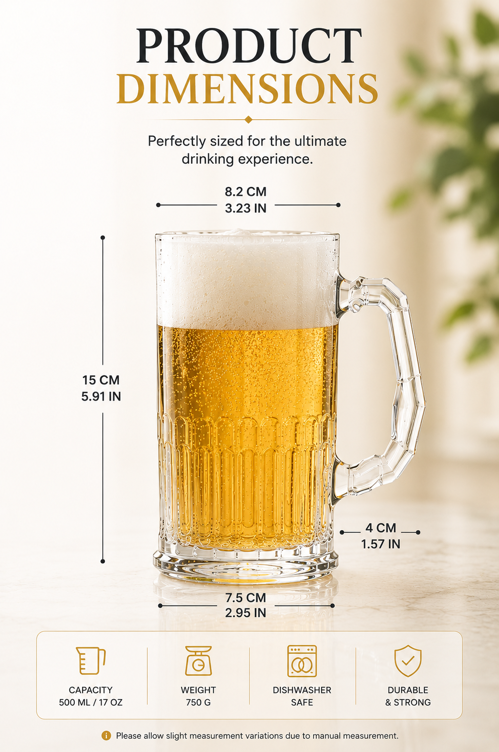 Premium Glass Beer Mug 600 ML | Heavy Thick Beer Stein with Handle | Frosted Style Large Beer Glass for Beer, Water, Juice & Drinks | Lead-Free Durable Mug