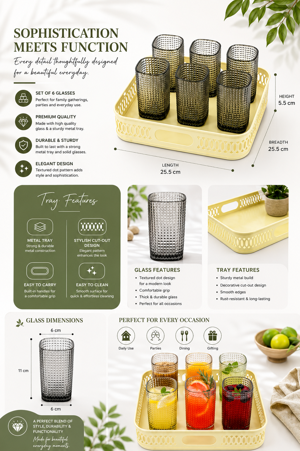 Premium Textured Glass Tumbler Set with Metal Serving Tray | 6 Smoke Grey Drinking Glasses & Decorative Metal Tray for Water, Juice, Cocktails, Mocktails & Everyday Serving