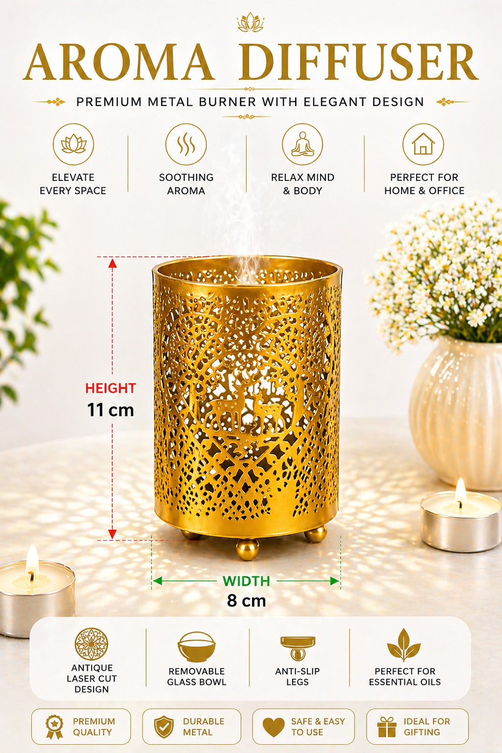 Premium Gold Metal Aroma Oil Burner Set with Tea Light Candles & Essential Oil | Designer Cutwork Candle Diffuser | Warm Ambient Fragrance Burner | Elegant Home Décor & Gifting Combo