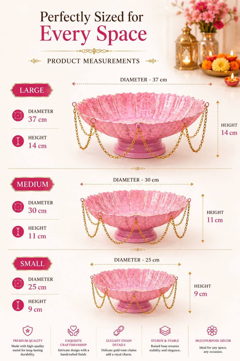 Premium Pink Lotus Urli Bowl Set of 3 with Decorative Chain | Handcrafted Metal Floating Flower Bowls for Water, Candles & Tea Lights | Decorative Urli for Diwali, Wedding, Pooja & Home Décor