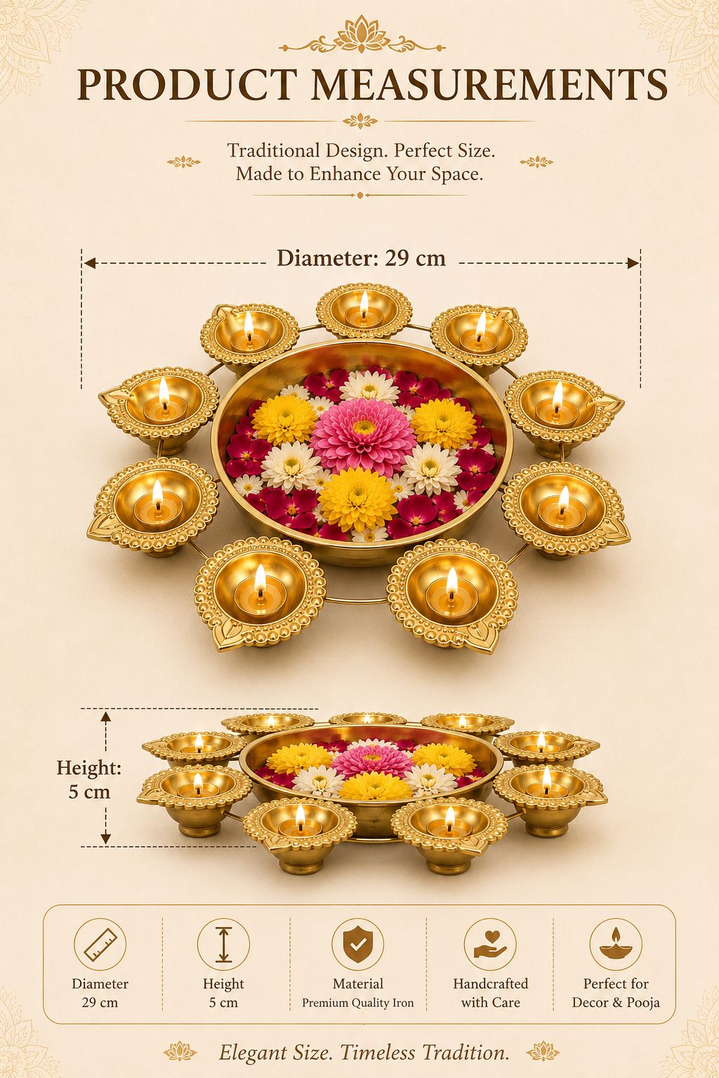 Premium Iron Urli with 8 Diya Holders | Decorative Metal Floating Flower Bowl for Water, Candles & Rangoli | Traditional Urli for Diwali, Pooja, Wedding, Festivals & Home Decoration