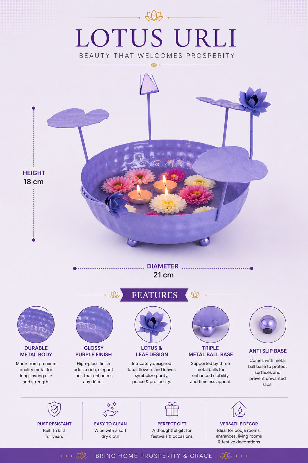 Galvanized Metal Urli Bowl for Floating Flowers & Candles | Decorative Urli with Lotus Stems for Home & Festival Decor (Lavender)