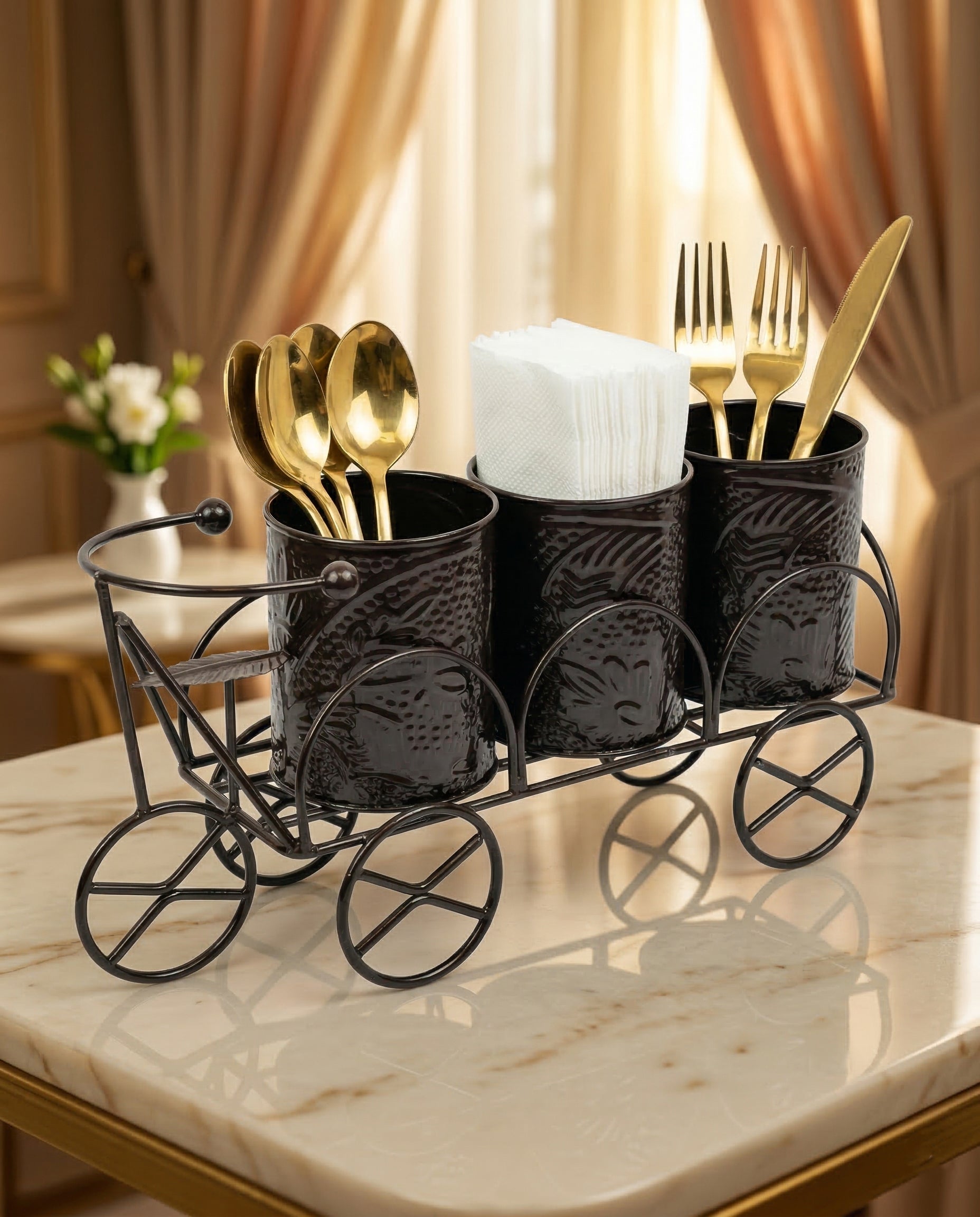 Luxury Brown Metal Cutlery & Napkin Holder | 3-Compartment Designer Cart Style Organizer with Ornate Detailing | Spoon, Fork, Knife & Tissue Stand for Dining Table & Kitchen Décor