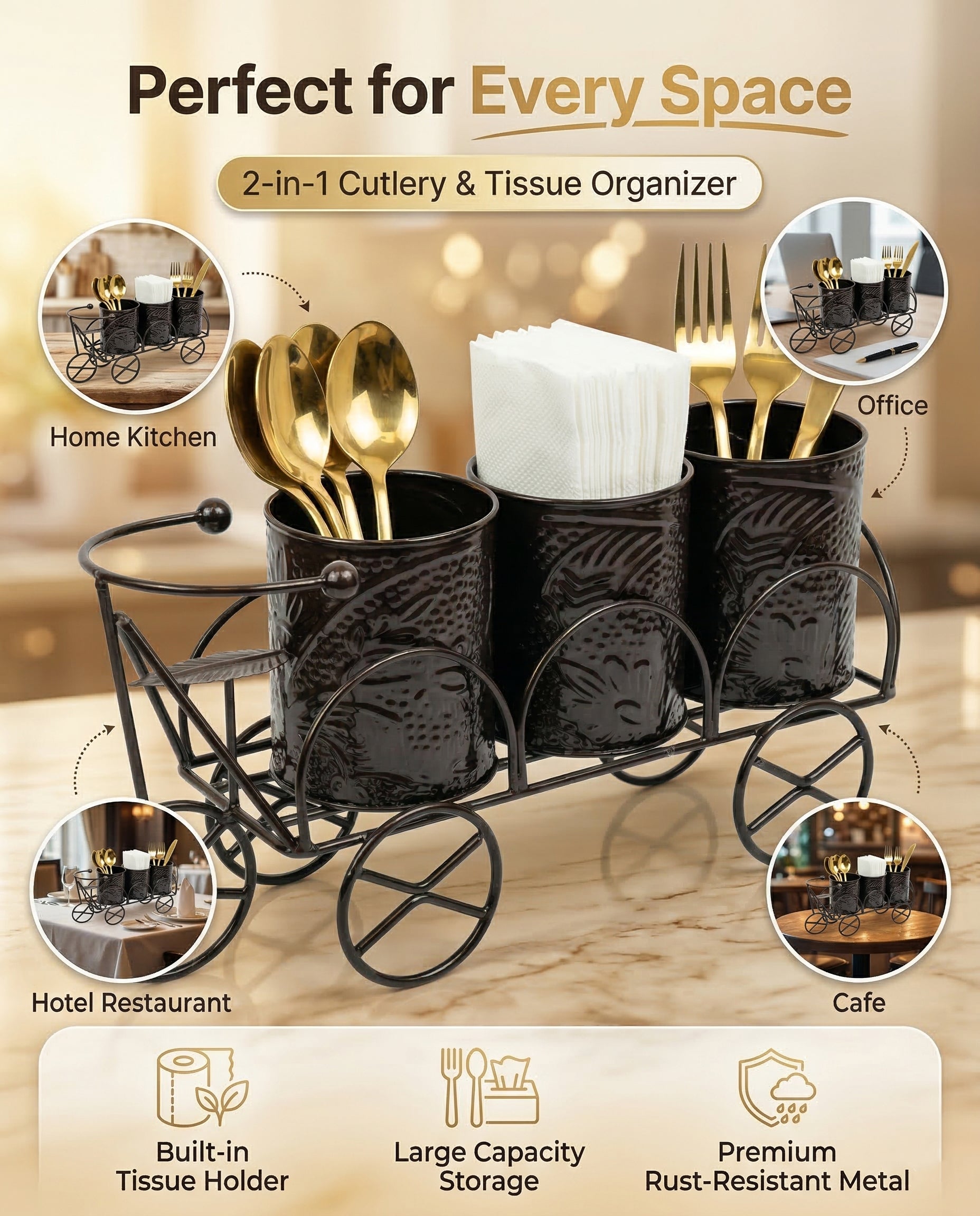 Luxury Brown Metal Cutlery & Napkin Holder | 3-Compartment Designer Cart Style Organizer with Ornate Detailing | Spoon, Fork, Knife & Tissue Stand for Dining Table & Kitchen Décor