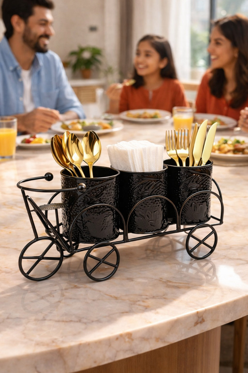Luxury Brown Metal Cutlery & Napkin Holder | 3-Compartment Designer Cart Style Organizer with Ornate Detailing | Spoon, Fork, Knife & Tissue Stand for Dining Table & Kitchen Décor