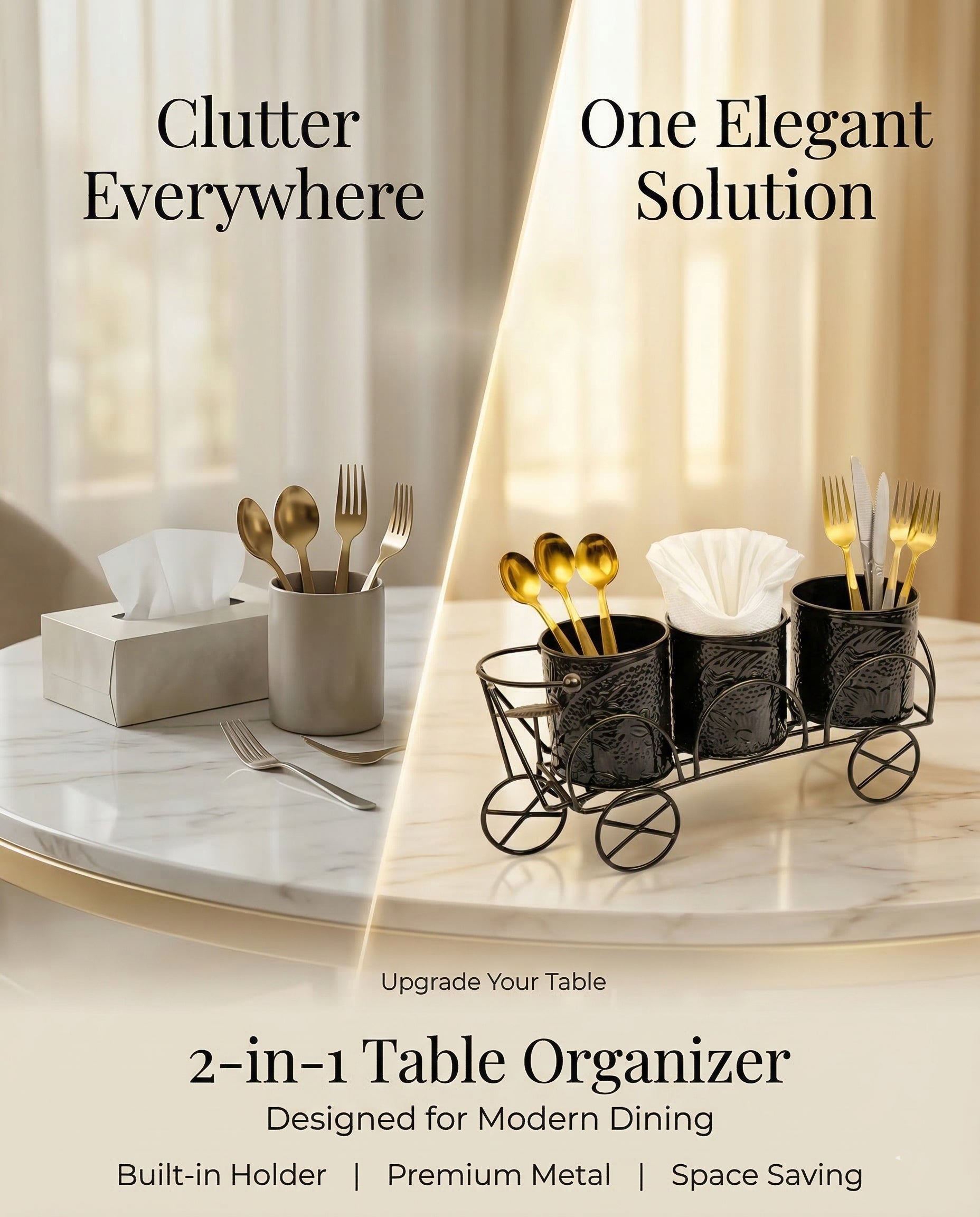 Luxury Brown Metal Cutlery & Napkin Holder | 3-Compartment Designer Cart Style Organizer with Ornate Detailing | Spoon, Fork, Knife & Tissue Stand for Dining Table & Kitchen Décor