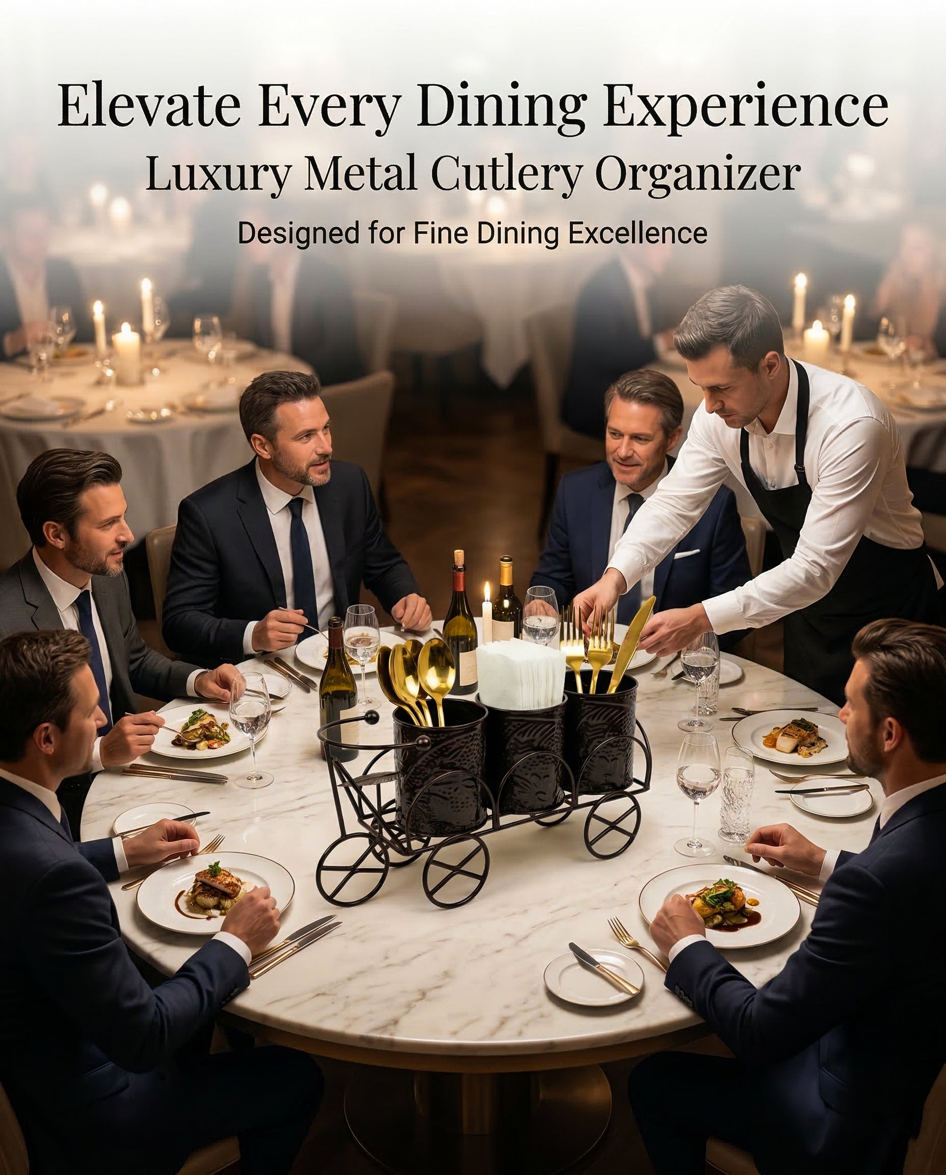 Luxury Brown Metal Cutlery & Napkin Holder | 3-Compartment Designer Cart Style Organizer with Ornate Detailing | Spoon, Fork, Knife & Tissue Stand for Dining Table & Kitchen Décor