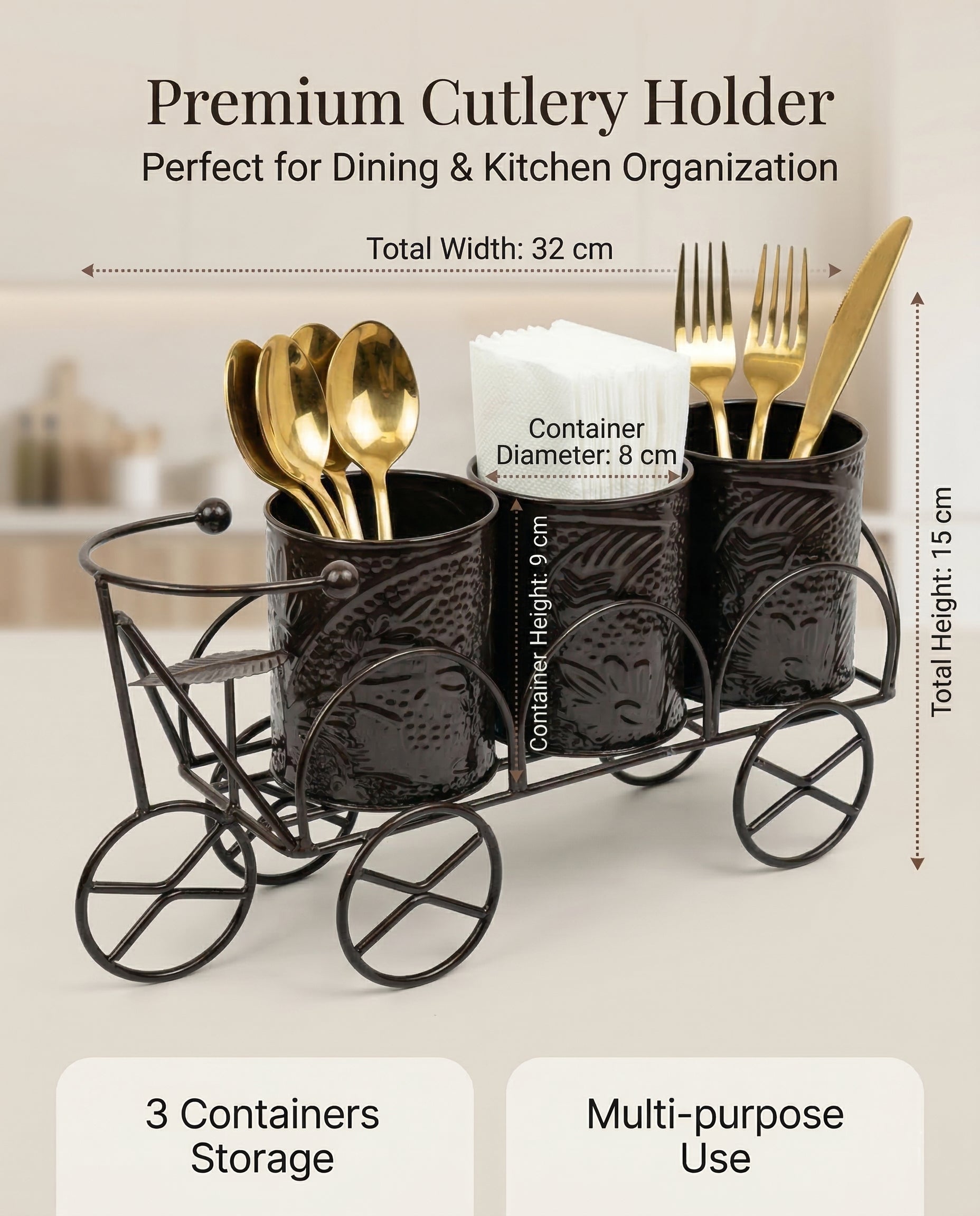 Luxury Brown Metal Cutlery & Napkin Holder | 3-Compartment Designer Cart Style Organizer with Ornate Detailing | Spoon, Fork, Knife & Tissue Stand for Dining Table & Kitchen Décor