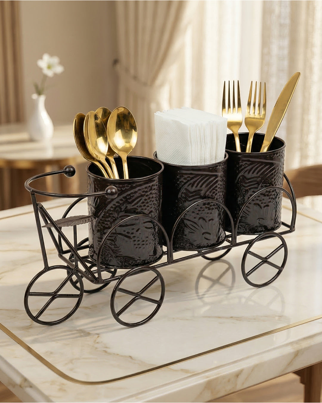 Luxury Brown Metal Cutlery & Napkin Holder | 3-Compartment Designer Cart Style Organizer with Ornate Detailing | Spoon, Fork, Knife & Tissue Stand for Dining Table & Kitchen Décor
