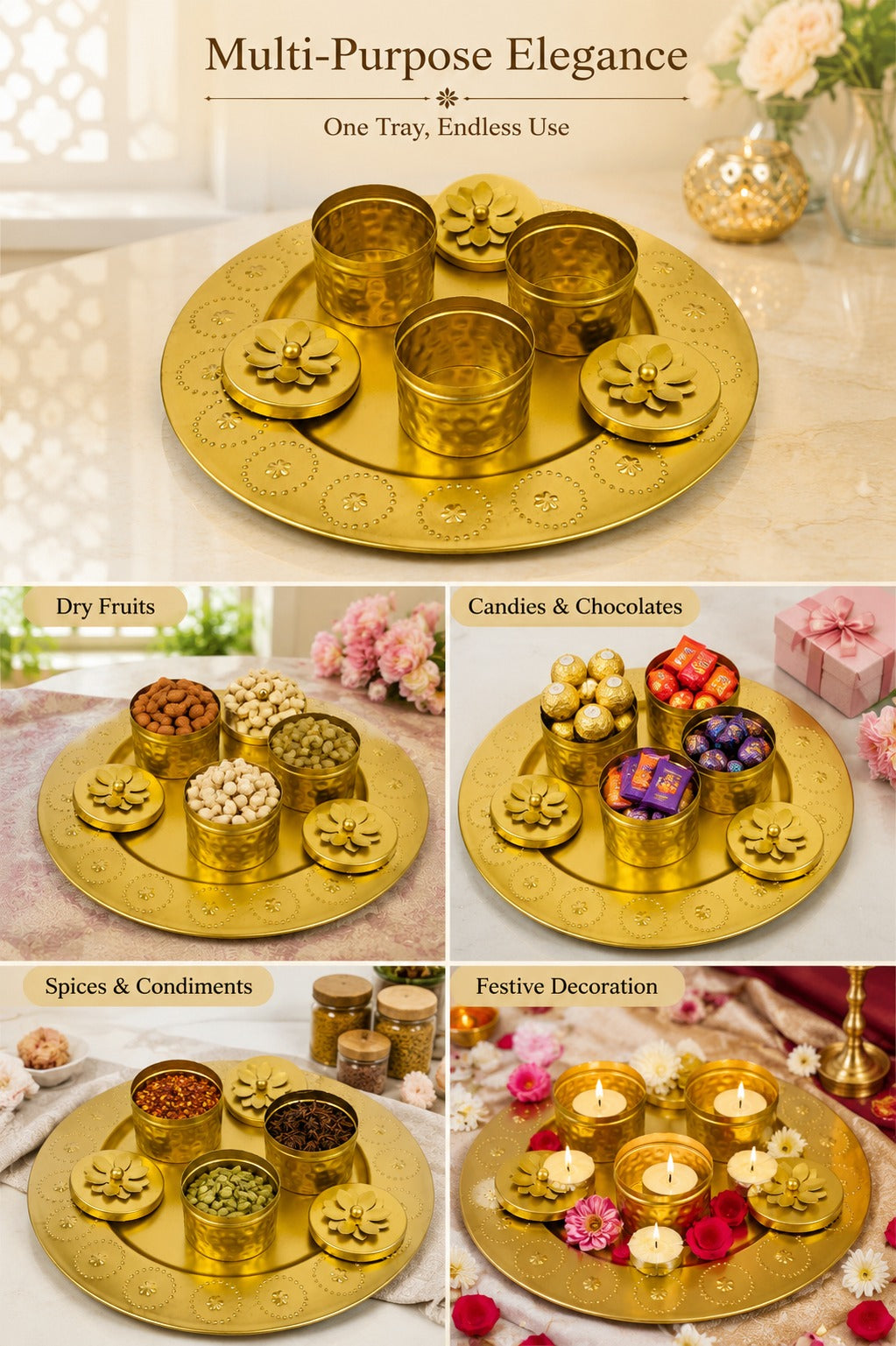 Premium Metal Dry Fruit Serving Tray Set with 3 Floral Containers | Decorative Round Platter for Dry Fruits, Sweets, Chocolates & Mukhwas | Luxury Festive Gift Hamper Tray for Diwali, Weddings & Home Décor
