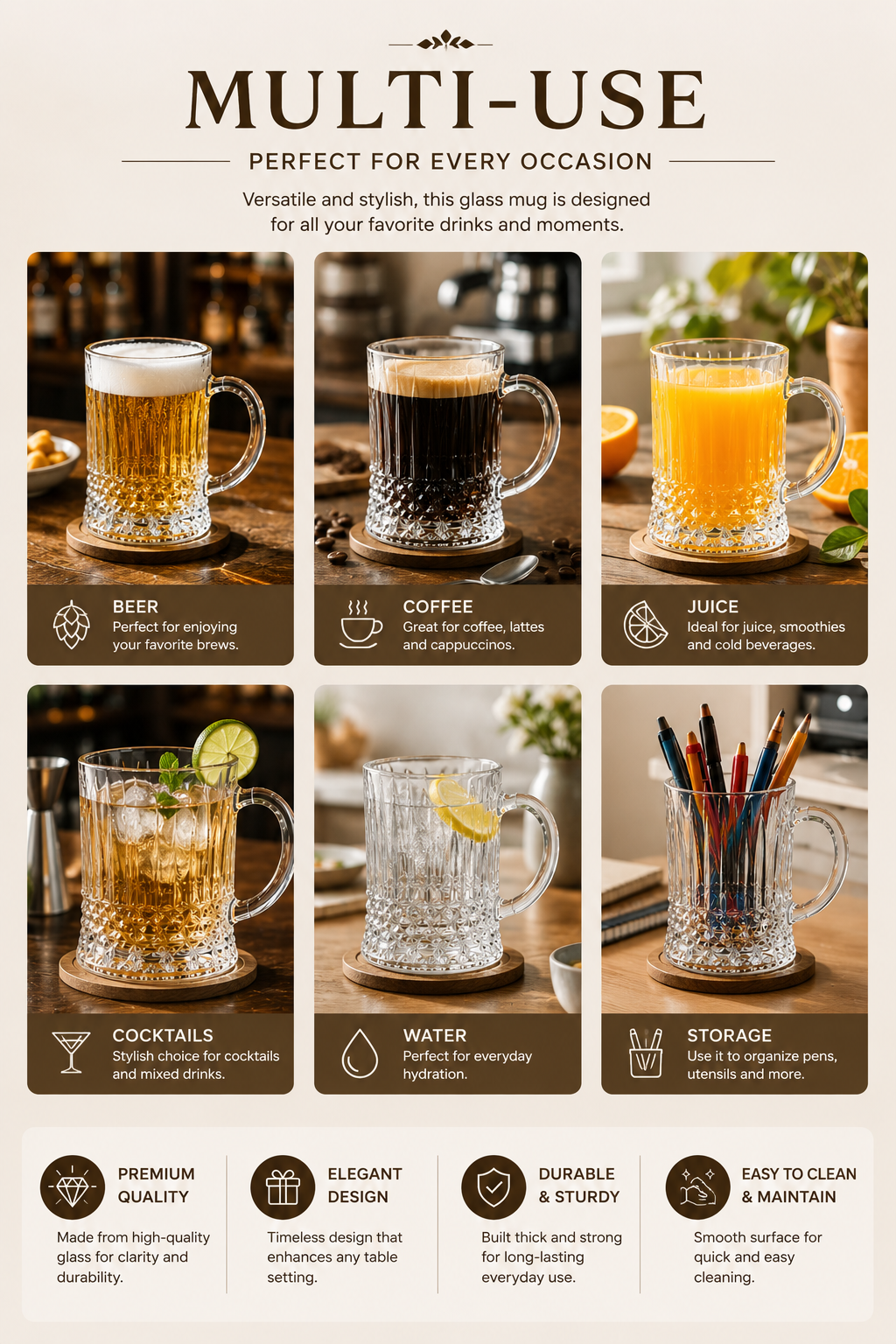 Premium Glass Beer Mug 600 ML With Handle | Heavy Thick Beer Stein For Beer Coffee Juice Water | Classic Bar Mug For Home Pub & Gifting