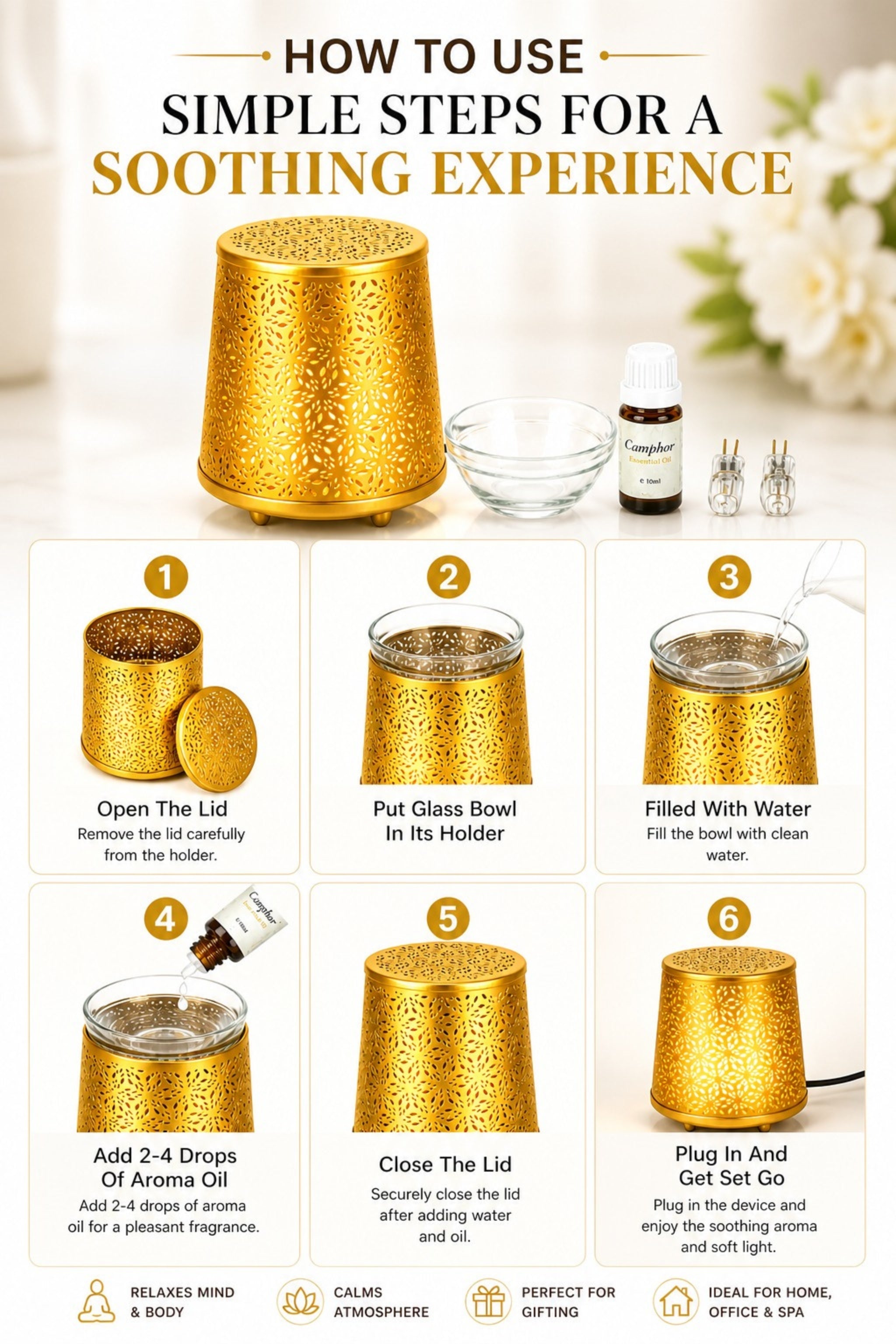 Metal Electric Aroma Diffuser Burner | Moroccan Cutwork Bulb Heat Oil Warmer Lamp | Fragrance Diffuser for Home, Office, Spa & Meditation | Free 10 ml Aroma Oil Included