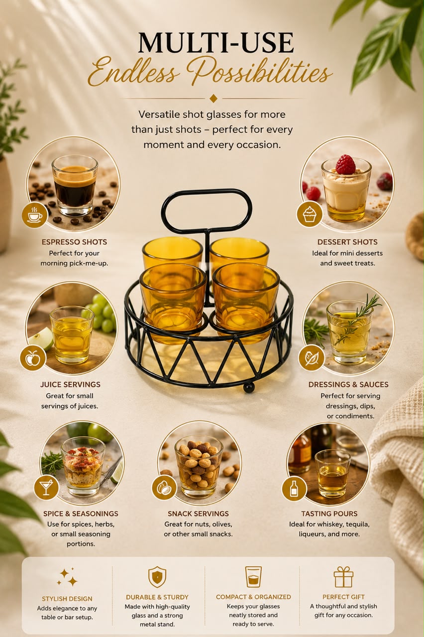 Shot Glass Set Of 4 With Metal Stand | Amber Glass Mini Shot Cups With Round Iron Holder | Dhaba Style Serving Set For Vodka Tequila Whiskey
