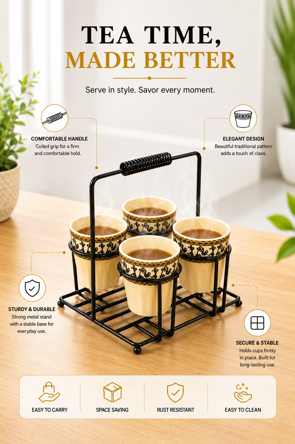 Set of 4 Ceramic Tea Cups with Metal Stand | Traditional Printed Kulhad Style Cups with Portable Holder | Tea Coffee Serving Set for Home Kitchen & Gifting