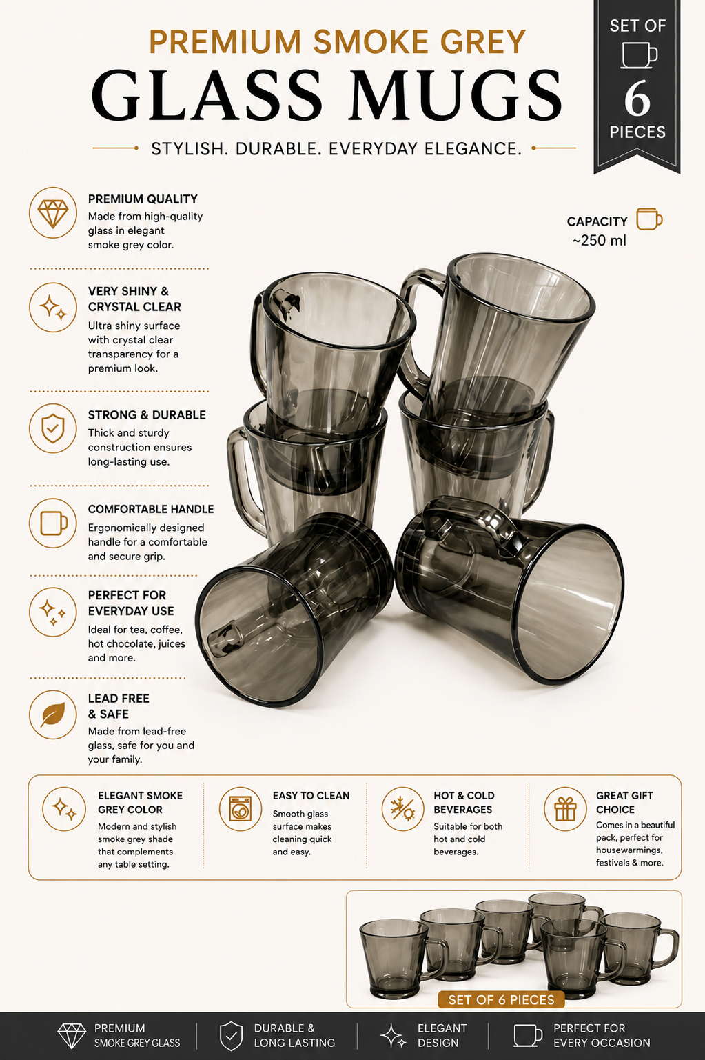 Premium Smokey Glass Mug Set Of 6 With Metal Stand | Transparent Borosilicate Coffee & Tea Cups With Holder | Space Saving Mug Stand For Kitchen & Home