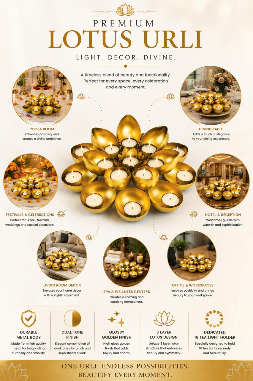 Golden Metal Urli Cum Tealight Holder Set | Decorative Diya & Flower Urli for Festive Home Décor