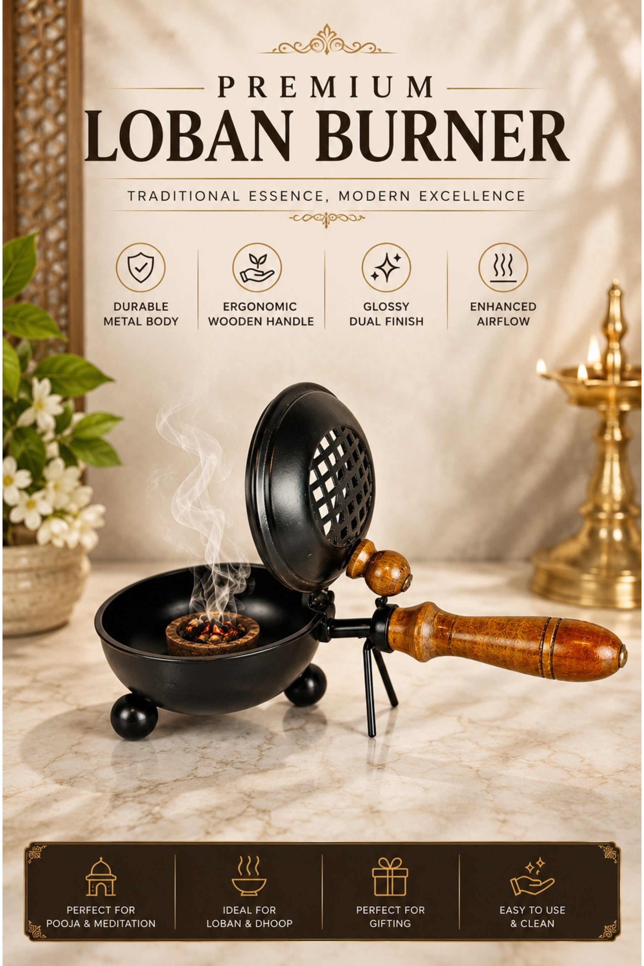 Black Metal Dhoop Dani with Wooden Handle & Lid for Pooja, Loban & Sambrani Burning | Covered Incense Burner for Home Temple, Havan, Vastu & Daily Use Puja Item