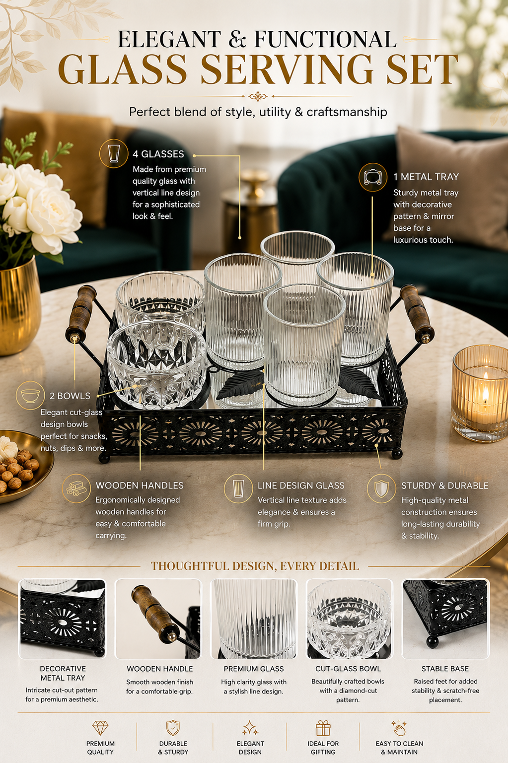 Premium Metal Serving Tray Set with 4 Glasses & 2 Crystal Bowls | Decorative Beverage & Snack Serving Set with Wooden Handles | Tea, Coffee, Juice, Dry Fruit & Party Serving Tray for Home
