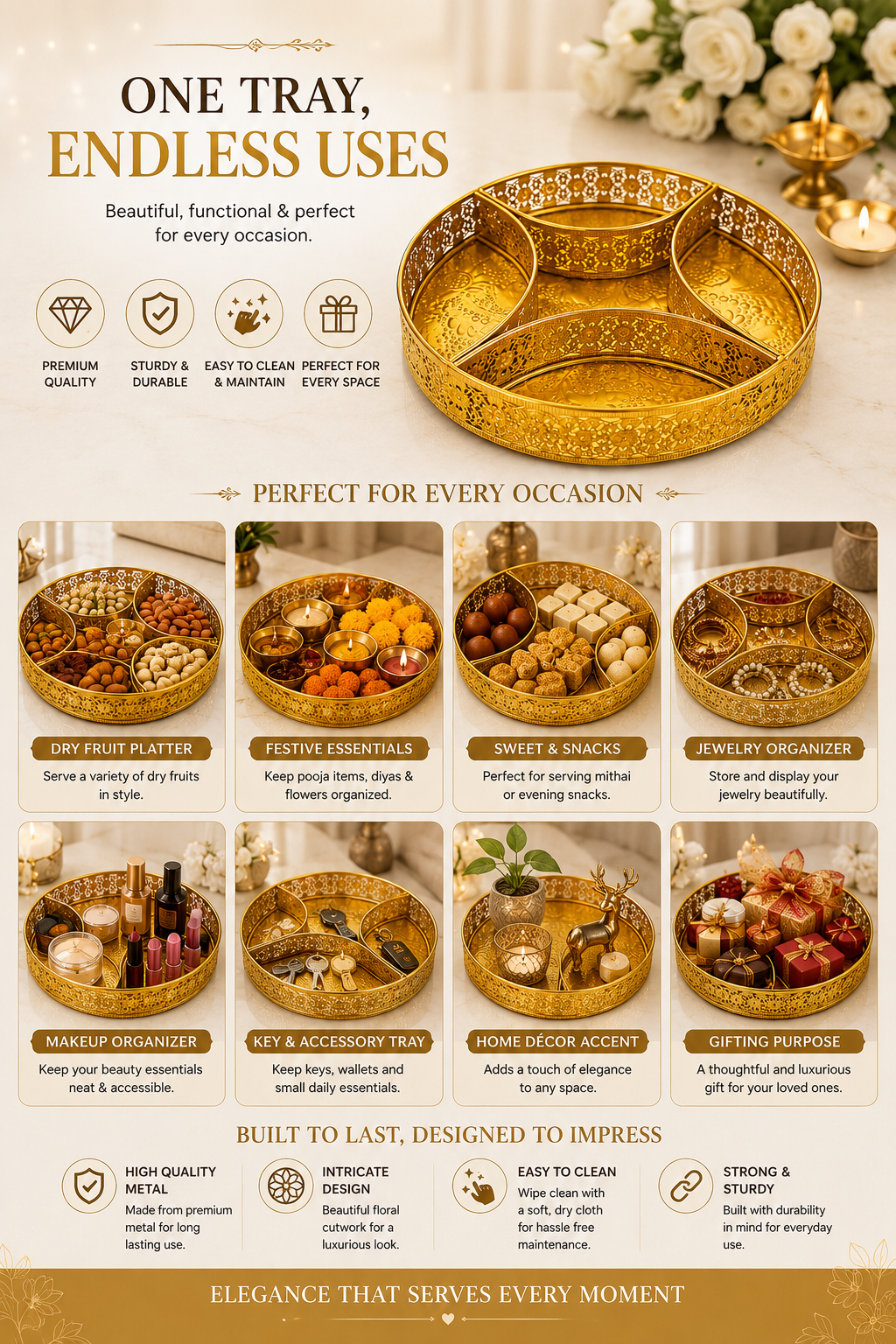Premium Brass Multi-Compartment Gift Tray | Round Decorative Serving Tray with 4 Sections | Dry Fruit, Sweets, Chocolates, Snacks & Gift Hamper Organizer | Festive Brass Platter