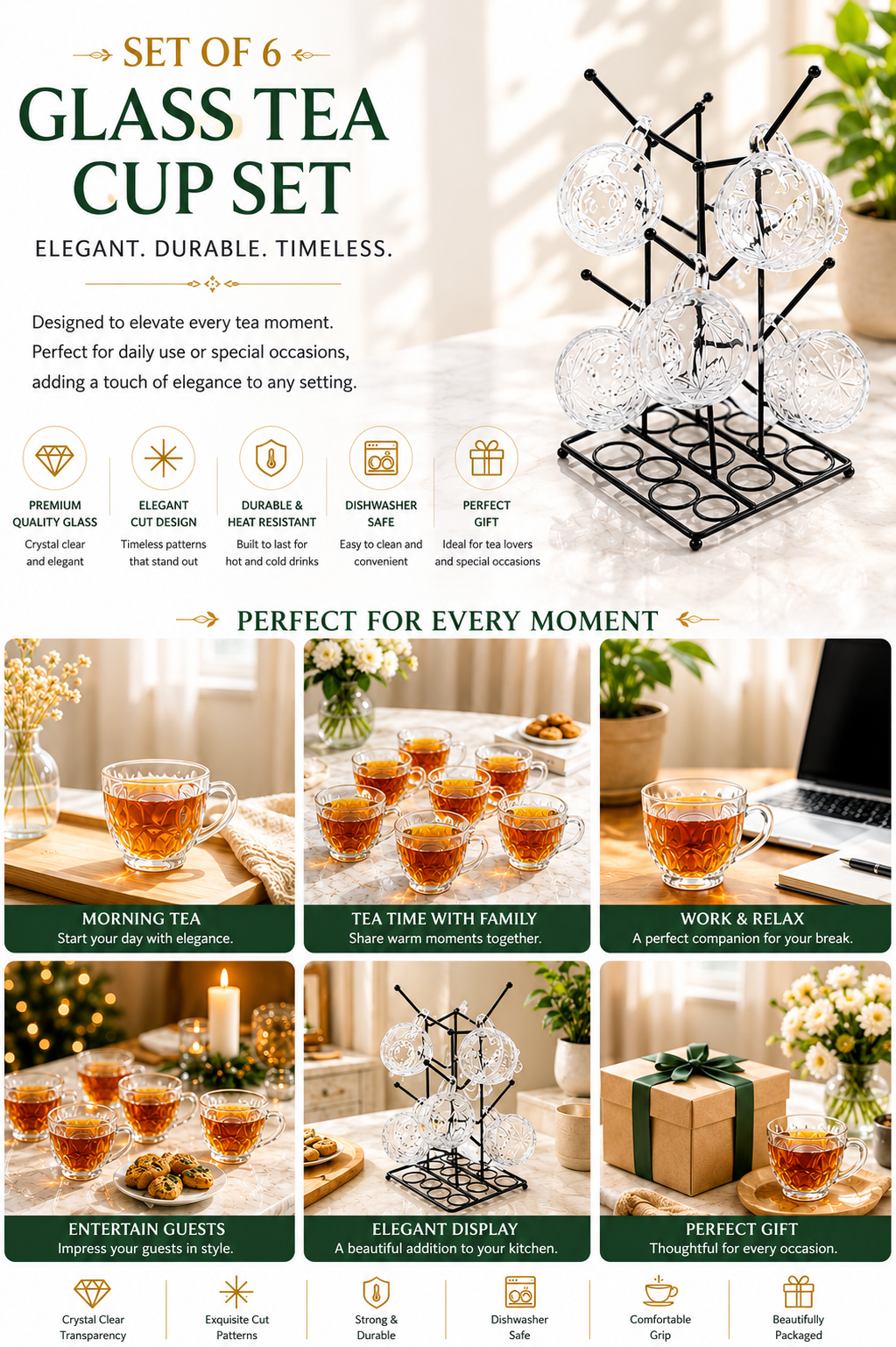 Premium Transparent Glass Cup Set with Metal Stand | 6 Pcs Designer Tea & Coffee Cups | Elegant Clear Glassware with Space-Saving Holder | Modern Drinkware for Home, Kitchen & Gifting