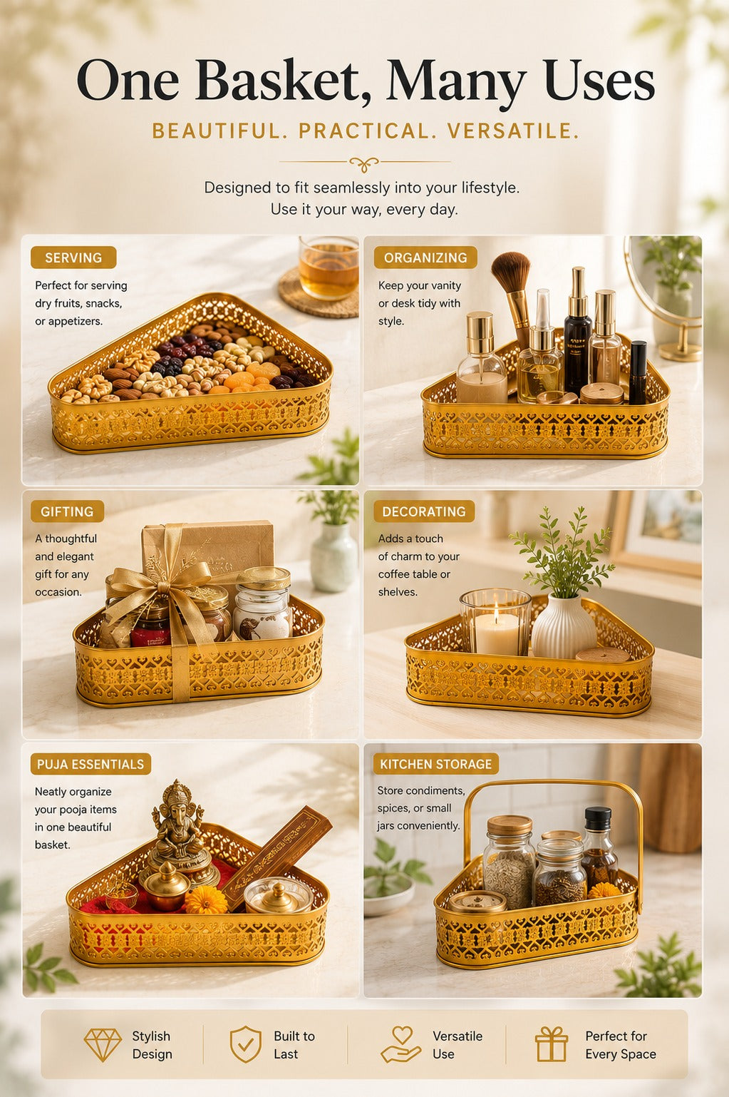 Premium Triangle Metal Basket with Handle (Large) | Decorative Gold Serving Basket | Gift Hamper Basket | Dry Fruit, Snacks & Organizer Tray | Metal Storage Basket for Home Décor