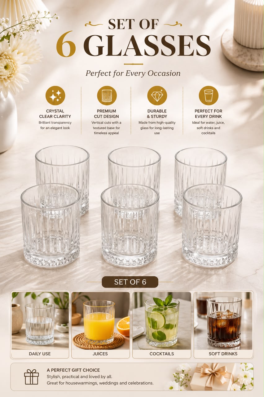 Premium Wooden Serving Tray with 6 Glasses Set | Black & Gold Serving Tray with Premium Glass Tumblers | Tea, Juice, Whisky, Water, Cocktail & Mocktail Serving Set | Home, Office, Party & Gift