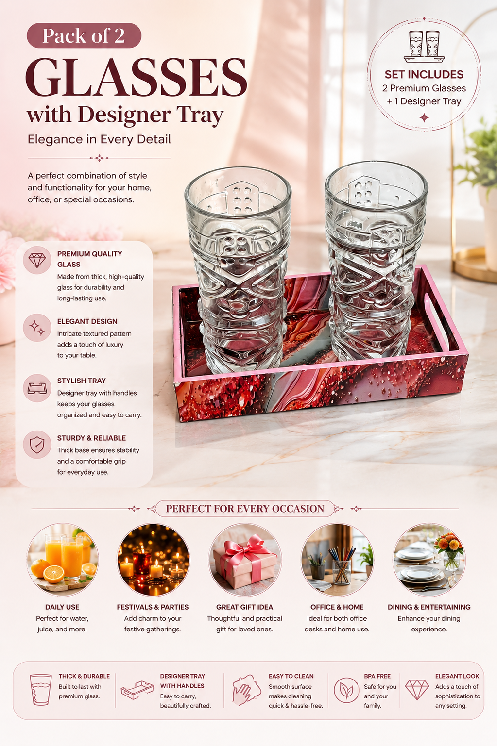 Premium Beer Glass Set with Decorative MDF Serving Tray | 2 Crystal Clear Tall Beer Glasses with Marble Finish Tray | Heavy Drinking Glasses for Beer, Juice, Soft Drinks & Home Bar Gift Set