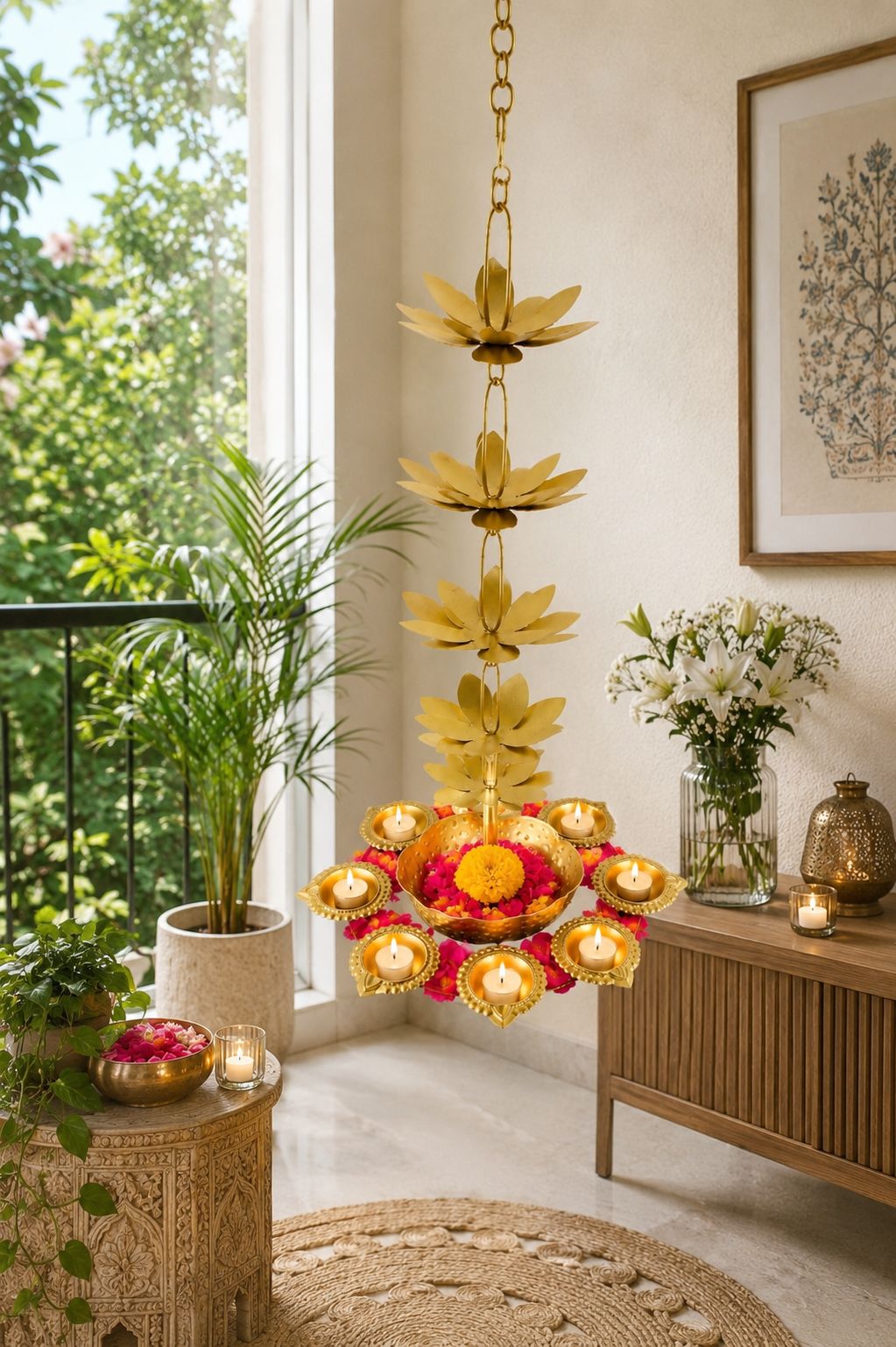 Premium Hanging Lotus Urli with 9 Diya Holders | Decorative Metal Hanging Urli for Floating Flowers, Candles & Water Décor | Traditional Hanging Diya Urli for Diwali, Pooja, Wedding & Home Decoration