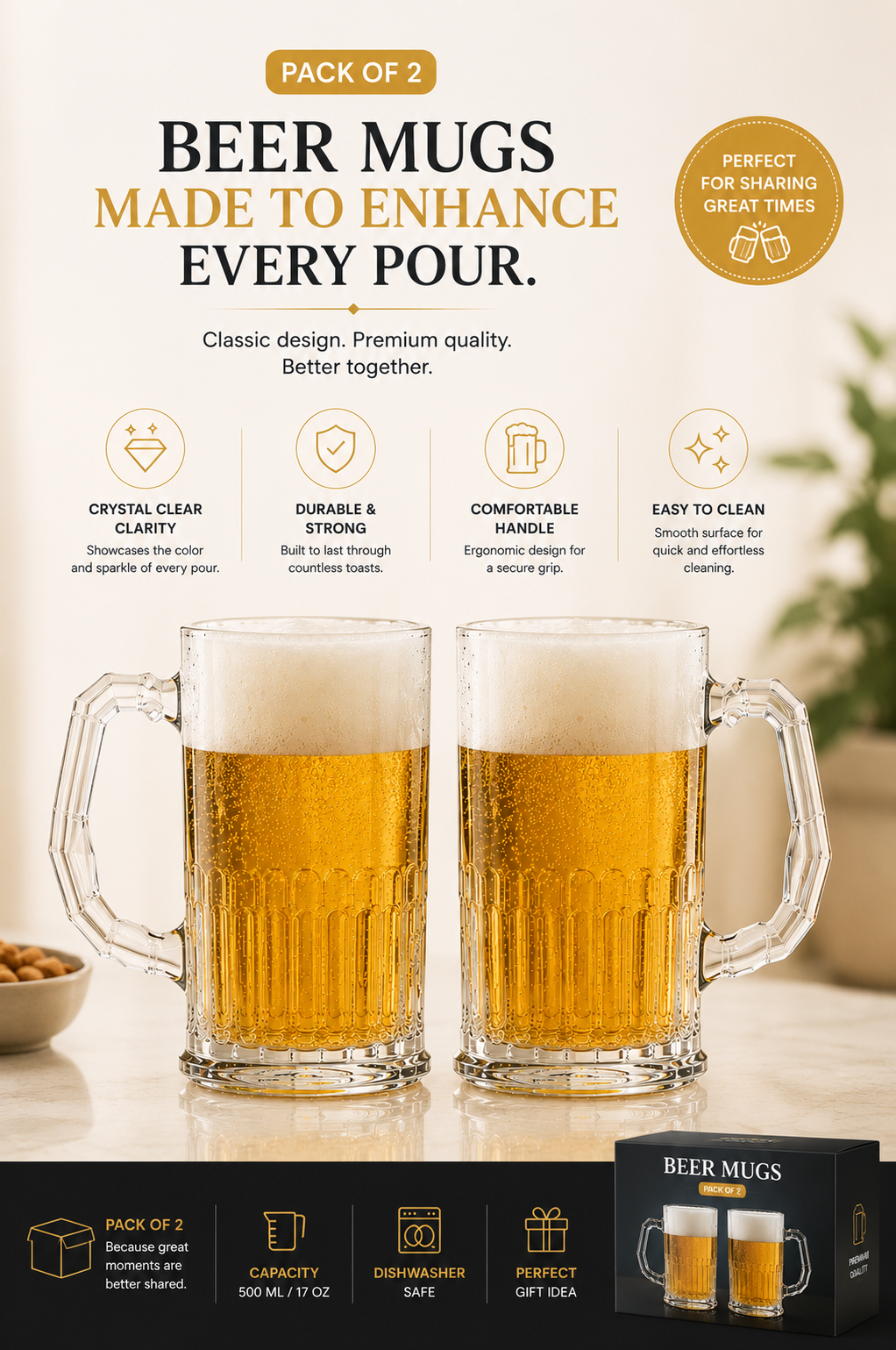 Premium Beer Mug Glass Set with Decorative MDF Serving Tray | 2 Crystal Clear Heavy Beer Mugs with Resin Art Tray | Large Glass Beer Mugs for Beer, Juice, Coffee & Home Bar Gift Set