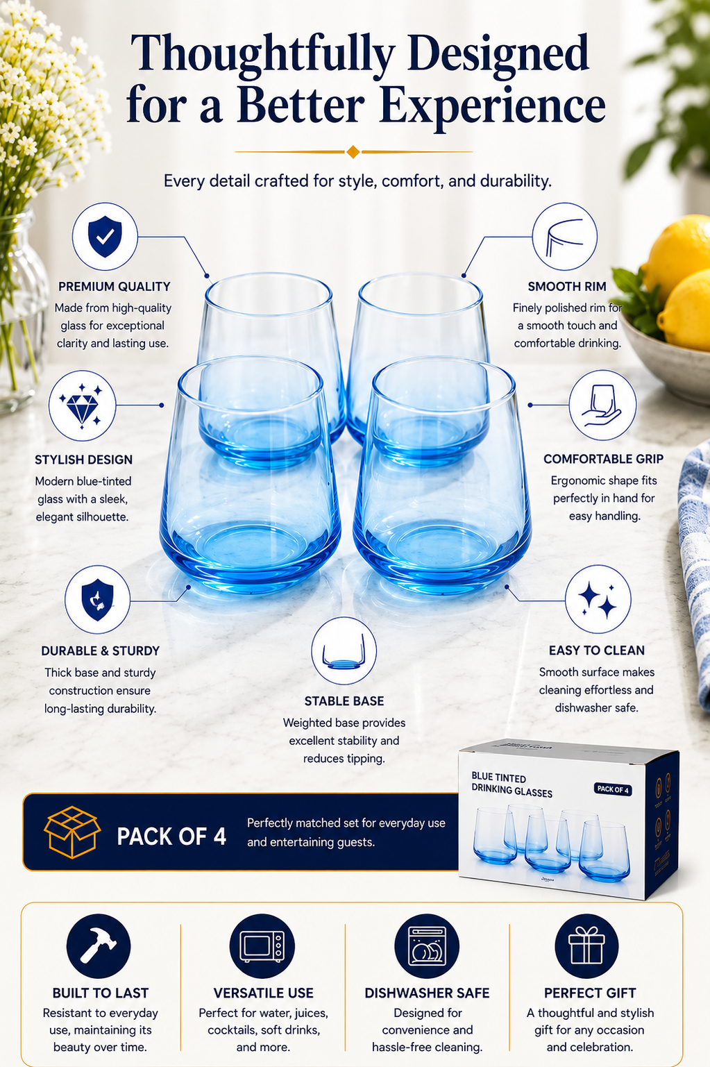 Premium Glass Drinkware Set with Metal Serving Tray | Set of 4 Whisky, Cocktail & Juice Glasses with Iron Stand | Elegant Beverage Serving Set for Home Bar, Parties & Dining