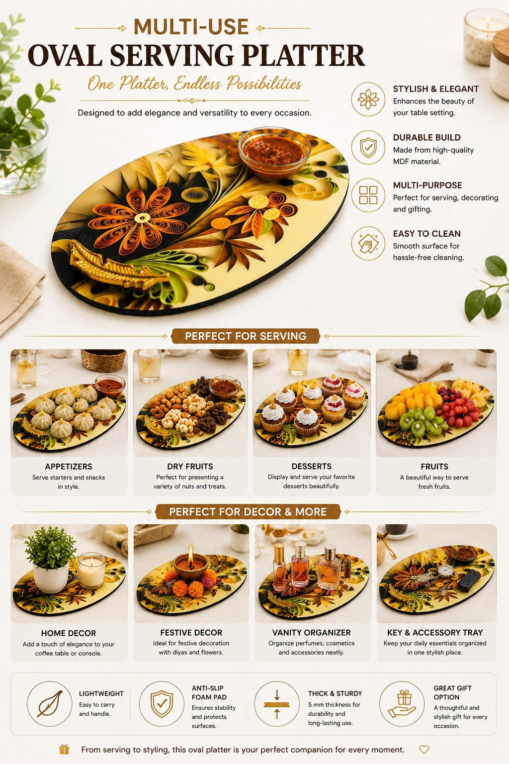 Premium MDF Snack Serving Platter with 2 Glass Dip Bowls | Decorative Serving Tray with Gold Feather Handles | Multipurpose Food Serving Board for Samosa, Momos, Fries, Nachos, Pizza & Snacks (Copy)