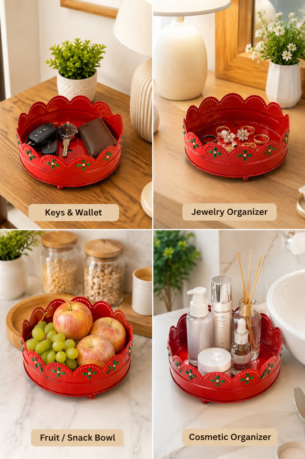 Premium Decorative Metal Gift Tray (Red) | Round Red Multipurpose Hamper Basket | Floral Cutwork Serving Tray | Fruit, Dry Fruit, Gift Packing & Home Decor Tray | 16 cm