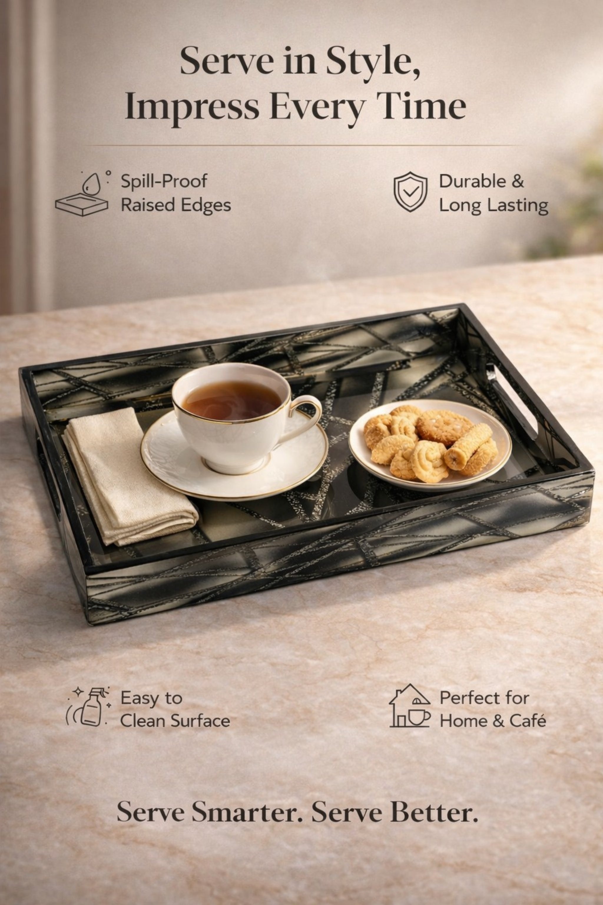 Premium Designer Serving Tray Set of 3 with Cutout Handles | Decorative Wooden Serving Trays for Tea, Coffee, Breakfast, Snacks & Home Décor | Multipurpose Nesting Tray Set for Kitchen, Dining & Coffee Table