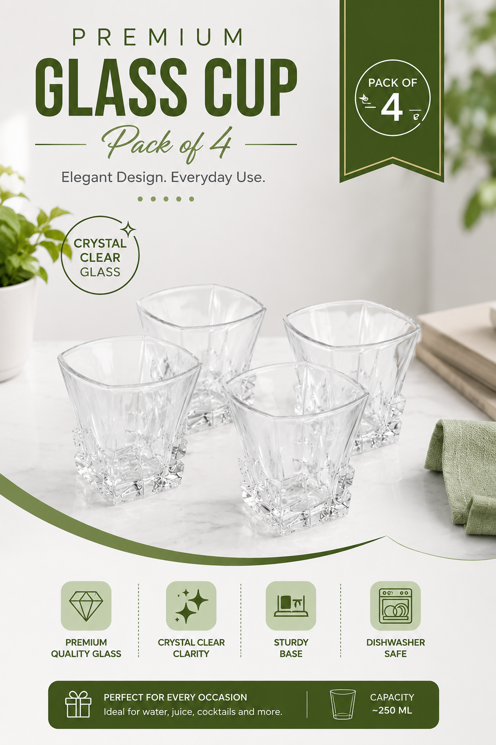 Premium Square Crystal Glass Set with Decorative MDF Serving Tray | 4 Heavy Base Drinking Glasses with Luxury Black & Gold Tray | Whisky, Juice, Water, Cocktails & Gift Set for Home Bar