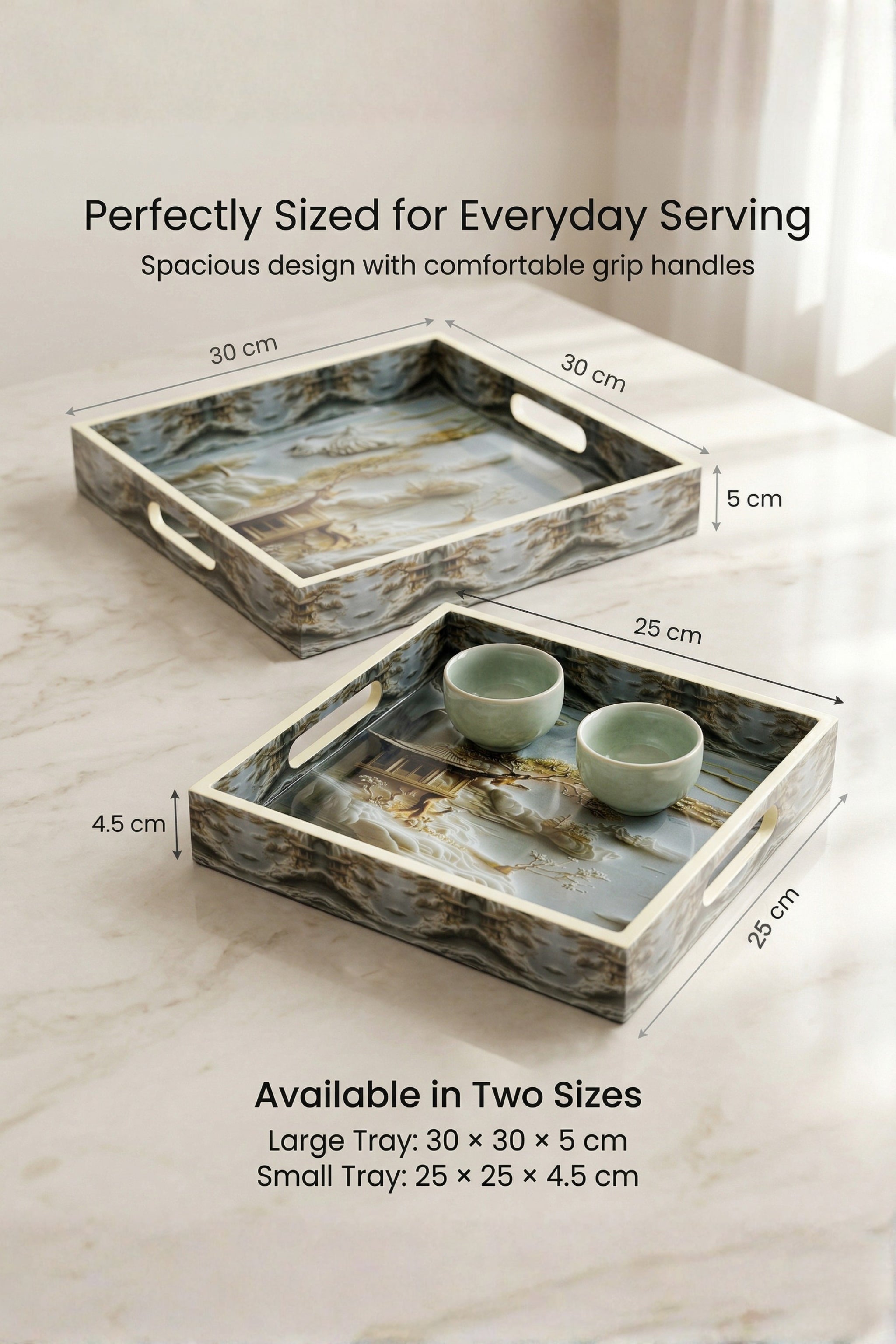 Premium Decorative Serving Tray Set of 2 with Gold Handles | Resin Art Wooden Serving Trays for Tea, Coffee, Snacks, Breakfast & Home Décor | Luxury Vanity, Ottoman & Coffee Table Organizer