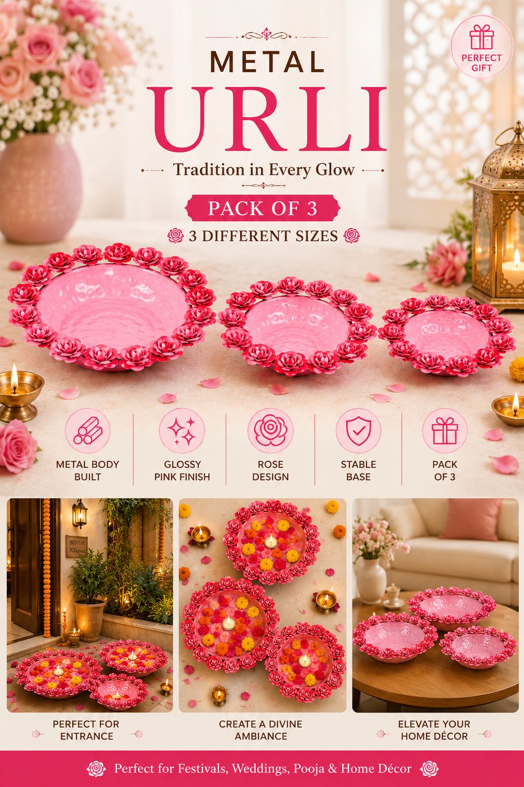 Decorative Metal Urli Bowl Set with Rose Border | Floating Flower & Candle Urli for Home & Festival Decor (Set of 3, Pink)