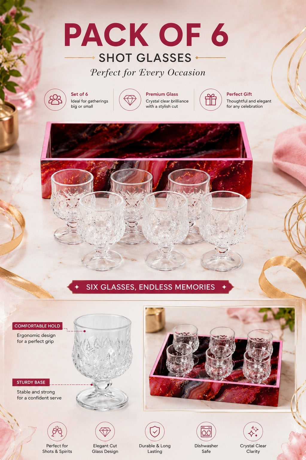 Premium Designer Shot Glass Set with Resin Serving Tray | 6 Crystal Clear Heavy Base Shot Glasses for Whiskey, Vodka, Tequila, Rum, Liqueur & Espresso Shots | Elegant Barware Gift Set for Home Bar