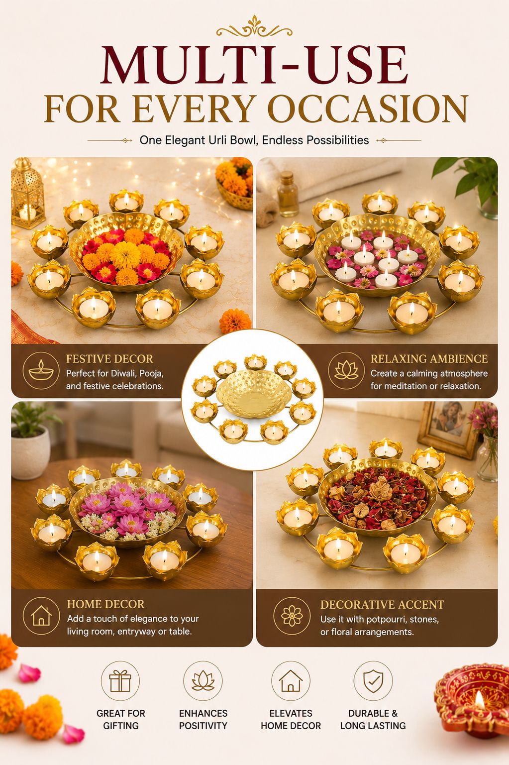 Premium Lotus Urli Bowl with 8 Tea Light Holders | Hammered Metal Decorative Floating Flower Bowl | Gold Finish Centerpiece for Diwali, Pooja, Weddings, Festivals, Home Décor & Gifting