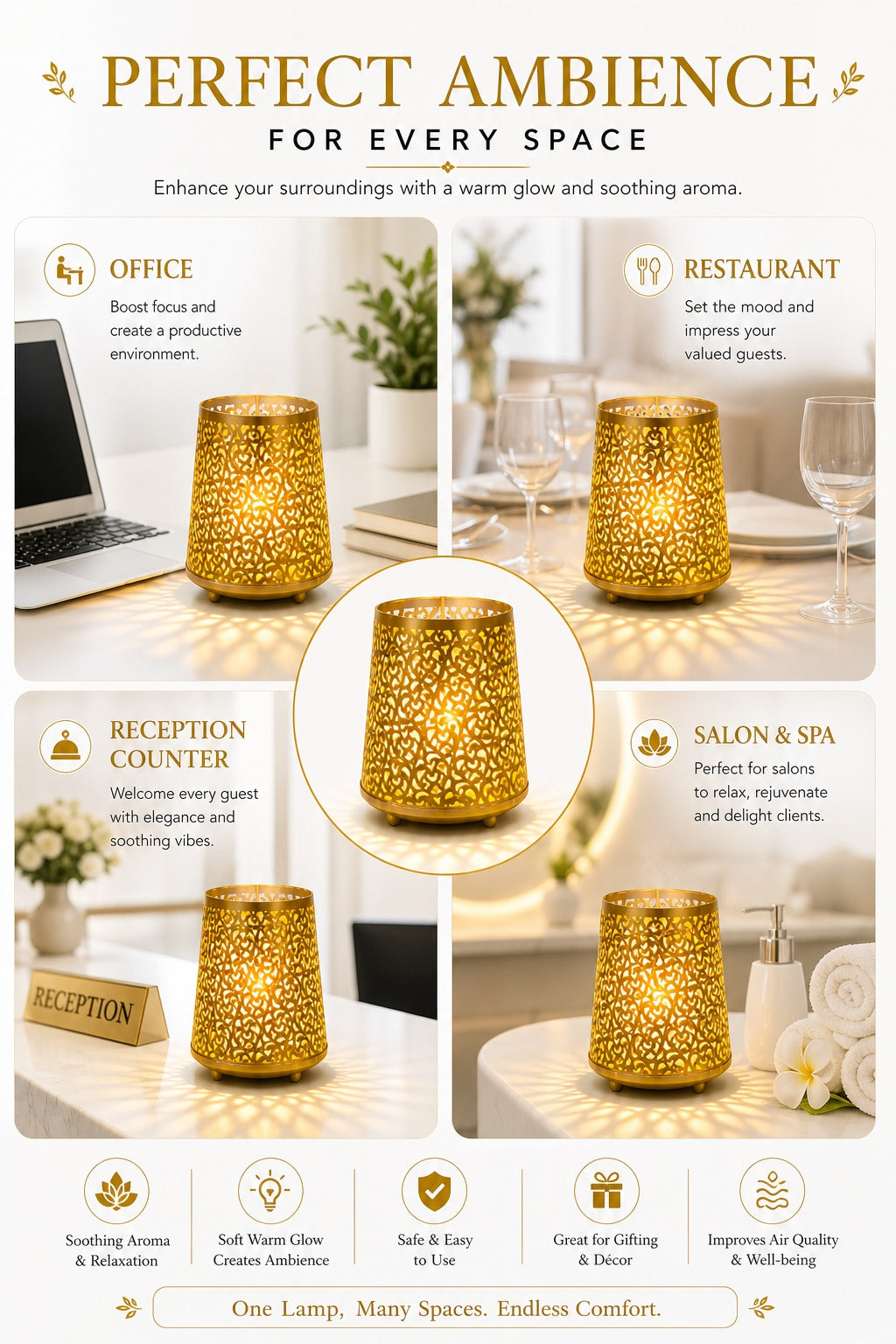 Gold Heart Cutwork Electric Aroma Diffuser Lamp With Dome Design | Essential Oil Burner For Home, Bedroom & Living Room | Includes Free Glass Bowl, 10ml Aroma Oil & 2 Electric Bulbs