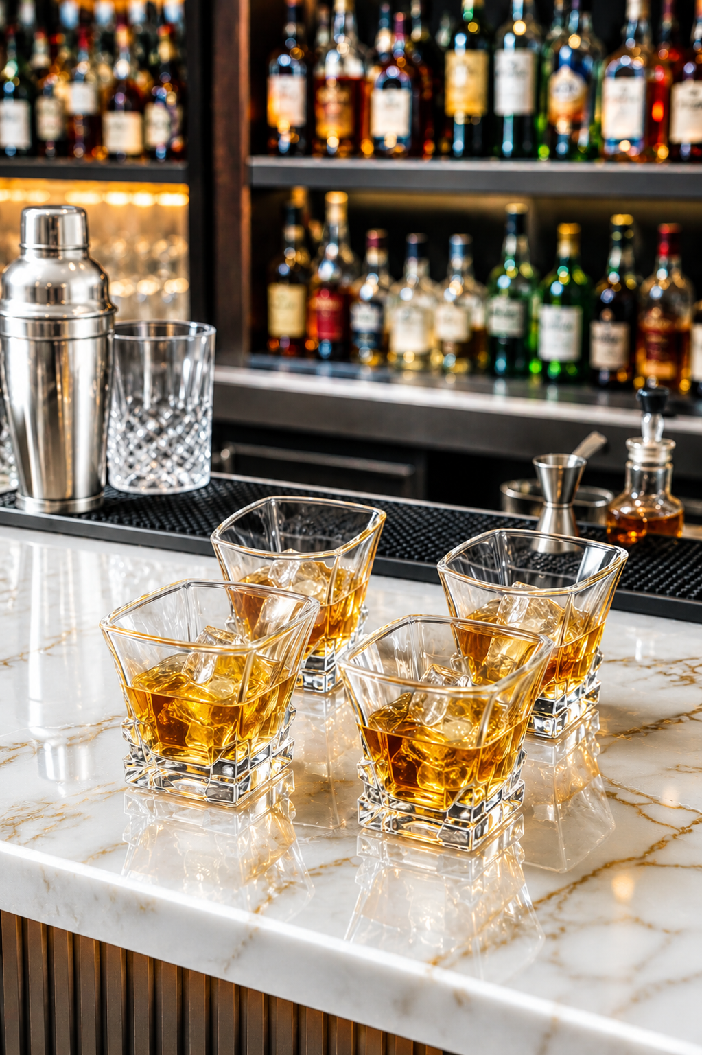 Premium Square Crystal Glass Set with Decorative MDF Serving Tray | 4 Heavy Base Drinking Glasses with Luxury Black & Gold Tray | Whisky, Juice, Water, Cocktails & Gift Set for Home Bar