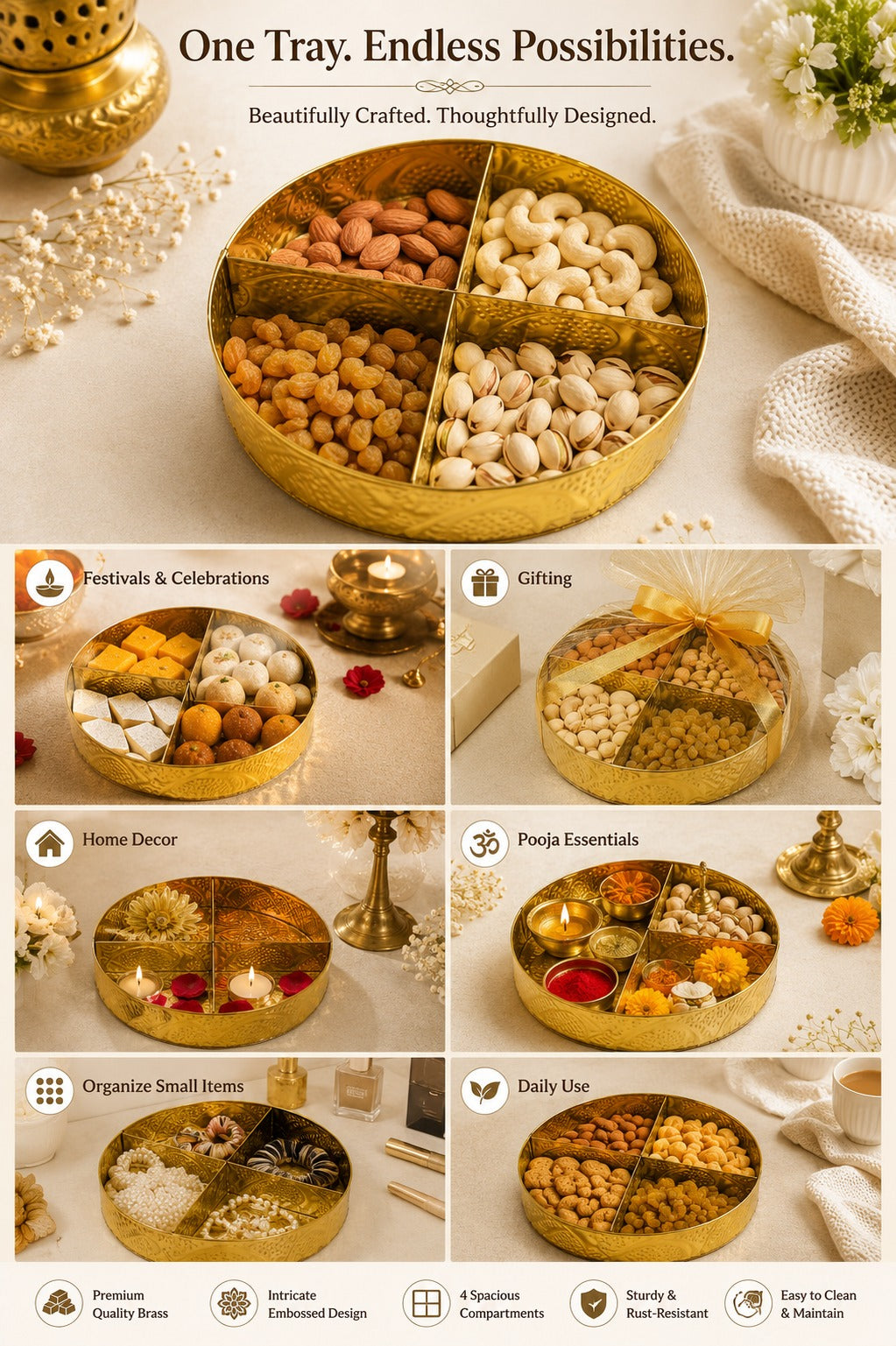 Premium Brass Dry Fruit Serving Tray with 4 Compartments | Round Brass Snack Platter | Dry Fruit, Namkeen, Candy & Mukhwas Organizer | Decorative Serving Tray | Festive Gift