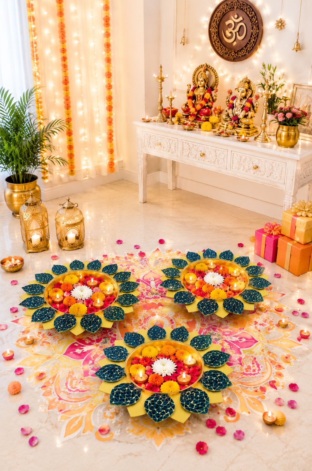 Premium Set of 3 Decorative Metal Urli Bowls with Mosaic Glass Petals | Floating Flower Bowl for Candles, Water Décor & Rangoli | Decorative Urli for Diwali, Pooja, Wedding, Festivals & Home Decoration