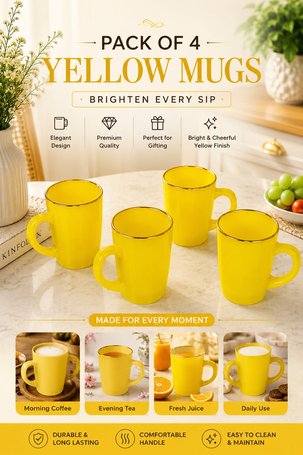 Set of 4 Yellow Glass Coffee Mugs with Designer Serving Tray | Premium Tea Coffee Cup Set | Decorative Serving Set for Home Kitchen & Gifting