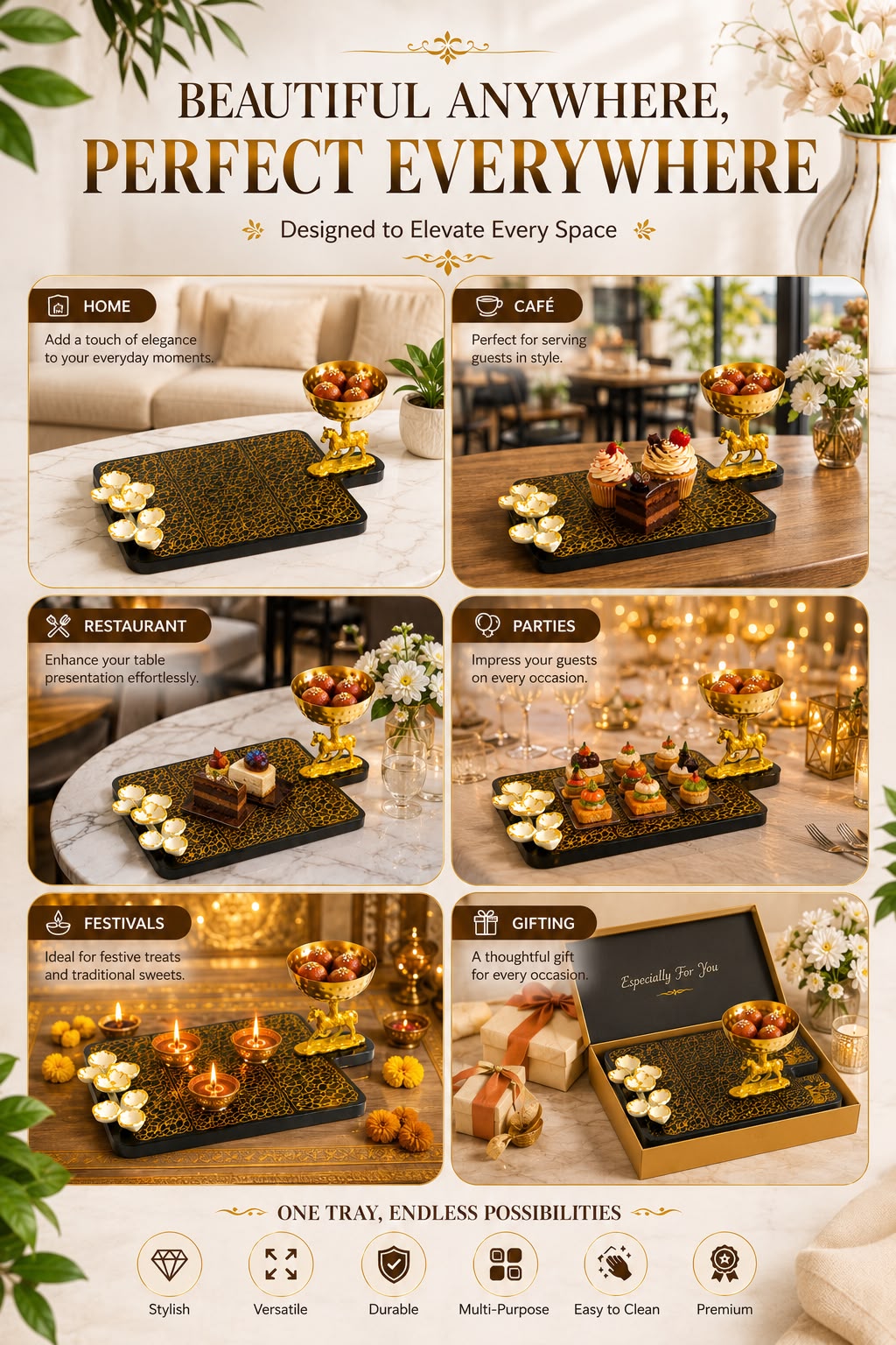 Premium MDF Serving Platter with Golden Horse Dip Bowl | Decorative Snack Serving Board | Burger, Fries, Pizza & Appetizer Serving Tray | Luxury Food Serving Platter | Black & Gold
