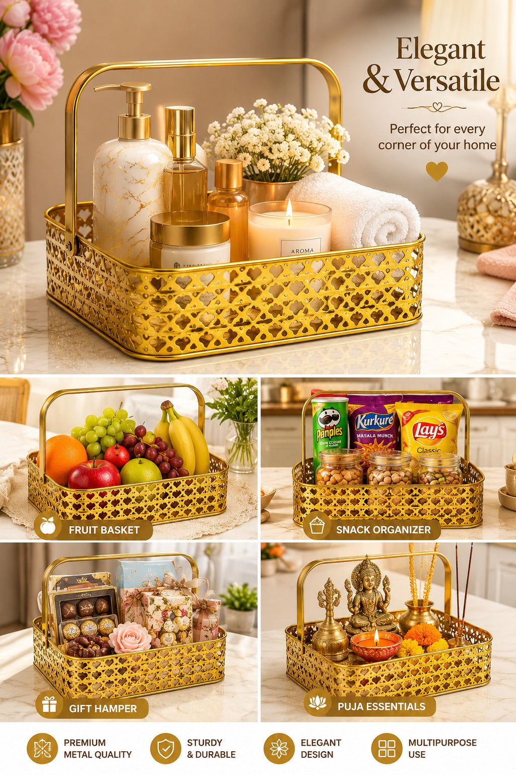 Premium Golden Metal Gift Basket with Handle | Medium Decorative Storage Basket | Multipurpose Fruit Basket, Dry Fruit Hamper, Pooja Basket & Home Organizer | 26 x 26 x 9 cm