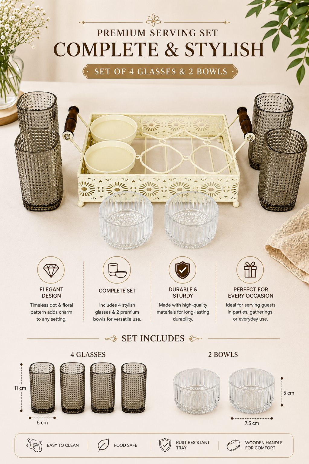 Premium Smoke Grey Glass Serving Set with Metal Tray | 4 Textured Drinking Glasses, 2 Glass Bowls & Decorative Metal Serving Tray with Wooden Handles | Elegant Snack & Beverage Set for Home
