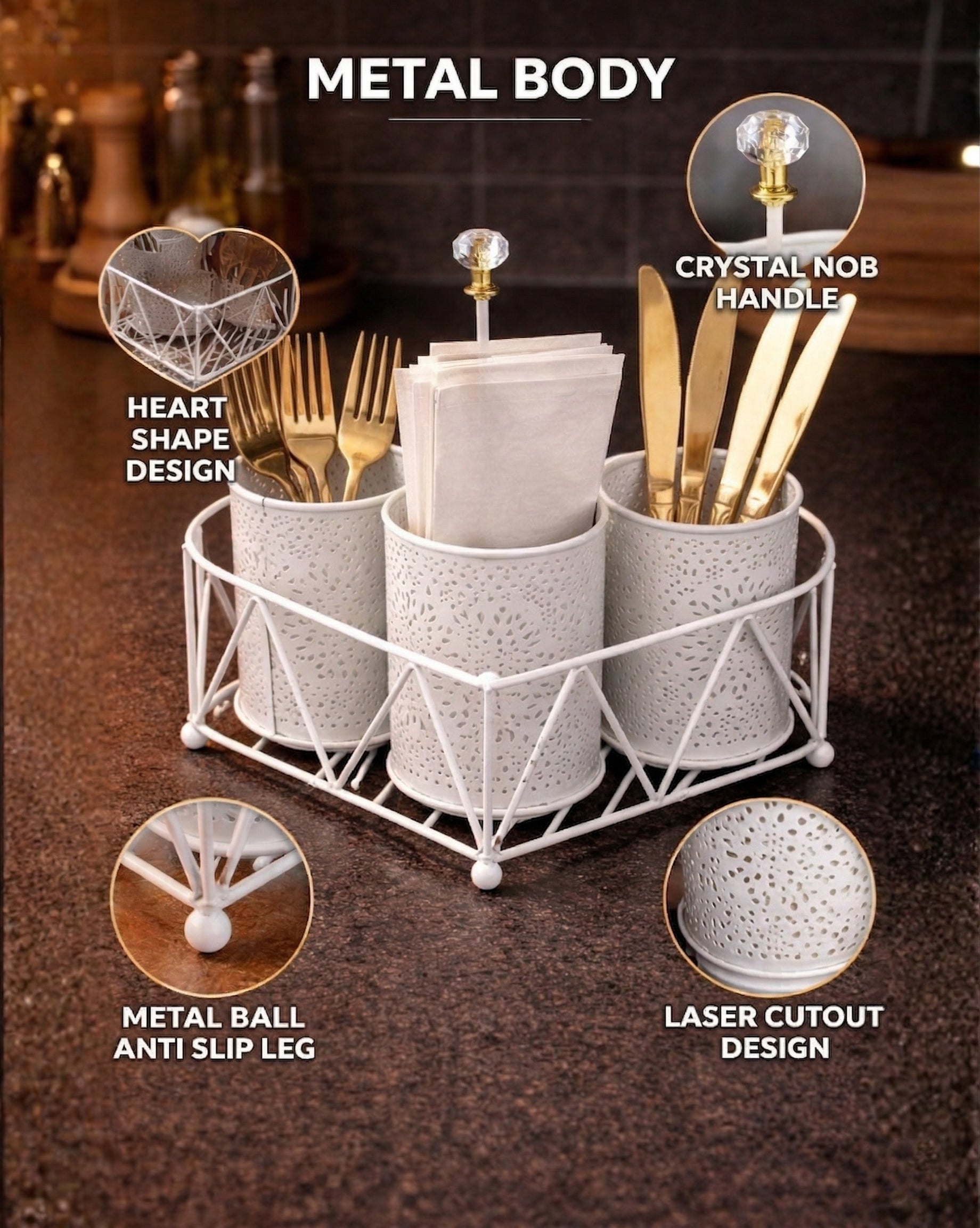 Premium 3-Compartment Metal Cutlery & Napkin Holder | Elegant Cream Finish Galvanized Organizer with Stand | Spoon, Fork, Knife & Tissue Storage for Dining Table & Kitchen Décor