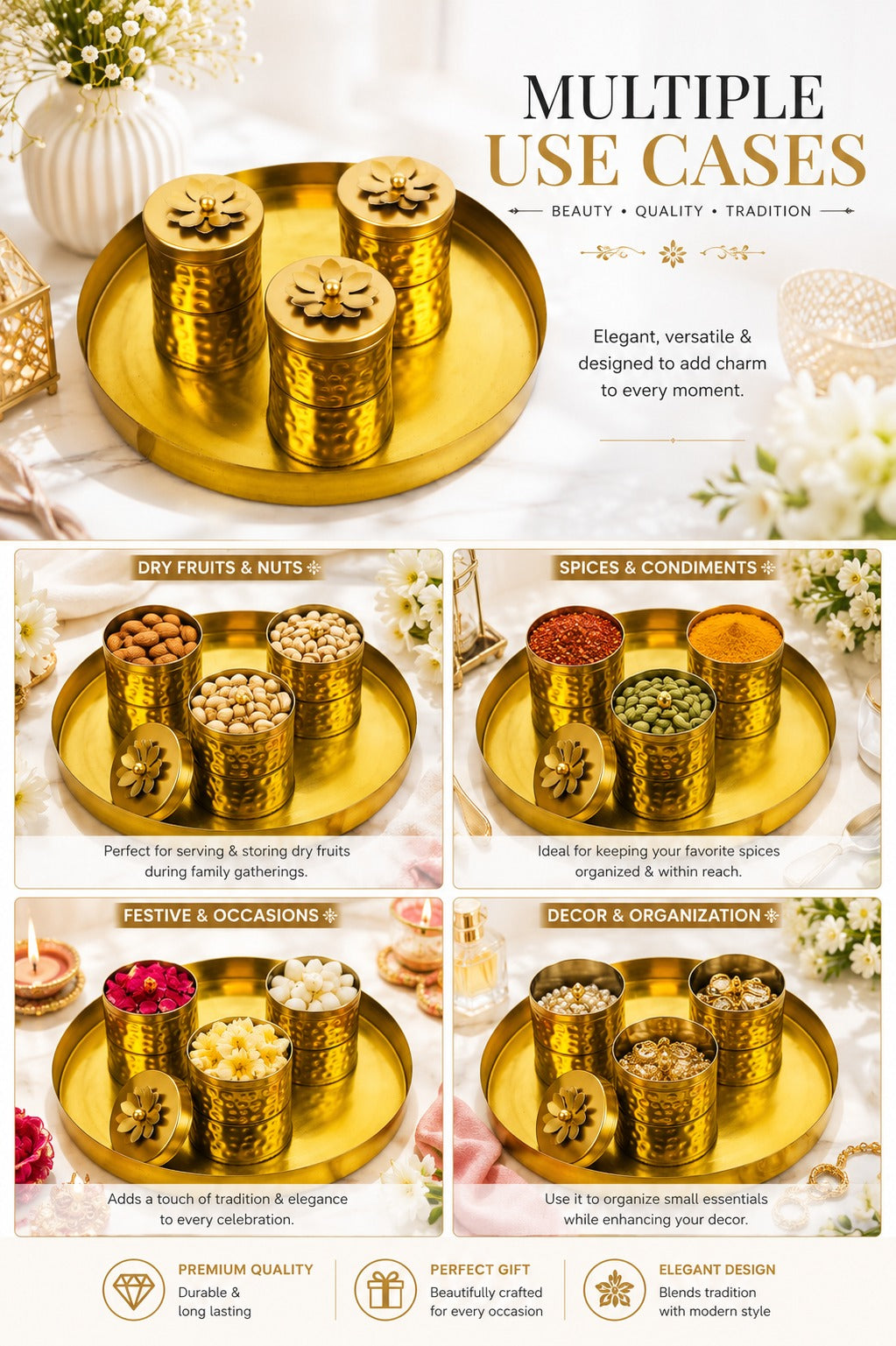 Premium 3 Piece Metal Storage Container Set with Round Serving Tray | Decorative Gold Canister Set for Dry Fruits, Snacks, Mukhwas & Kitchen Storage | Elegant Organizer for Home & Gifting