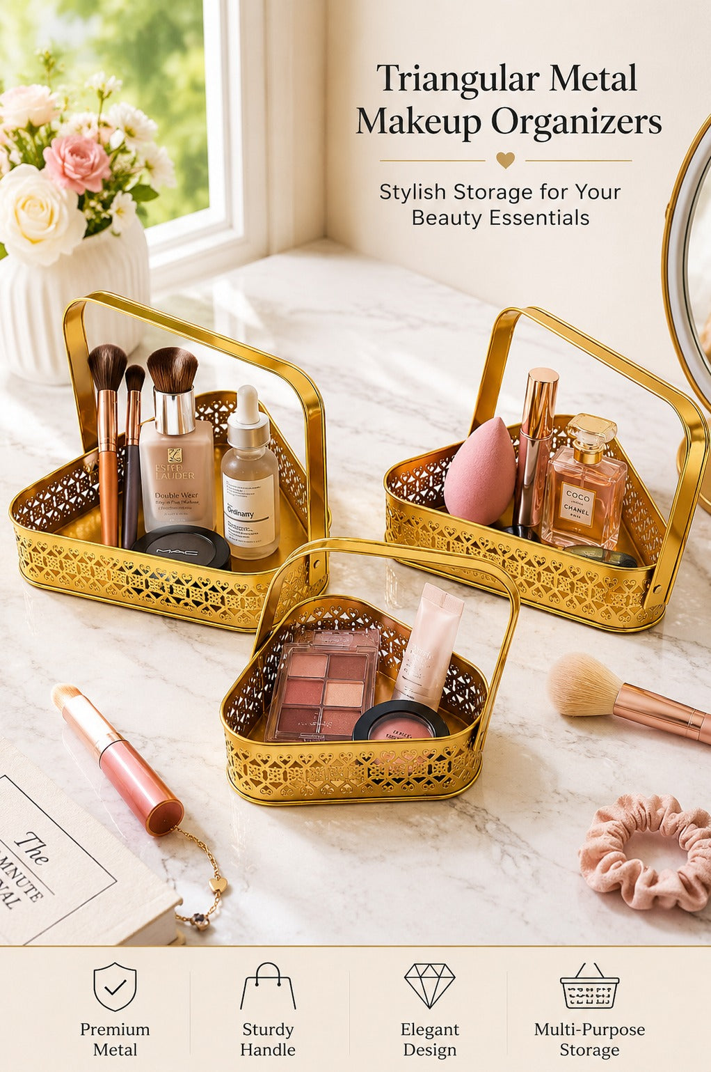 Premium Triangle Metal Basket Set of 3 (Small, Medium & Large) | Gold Metal Gift Hamper Baskets with Handle | Decorative Serving & Organizer Basket Set | Fruit, Dry Fruit & Storage Tray